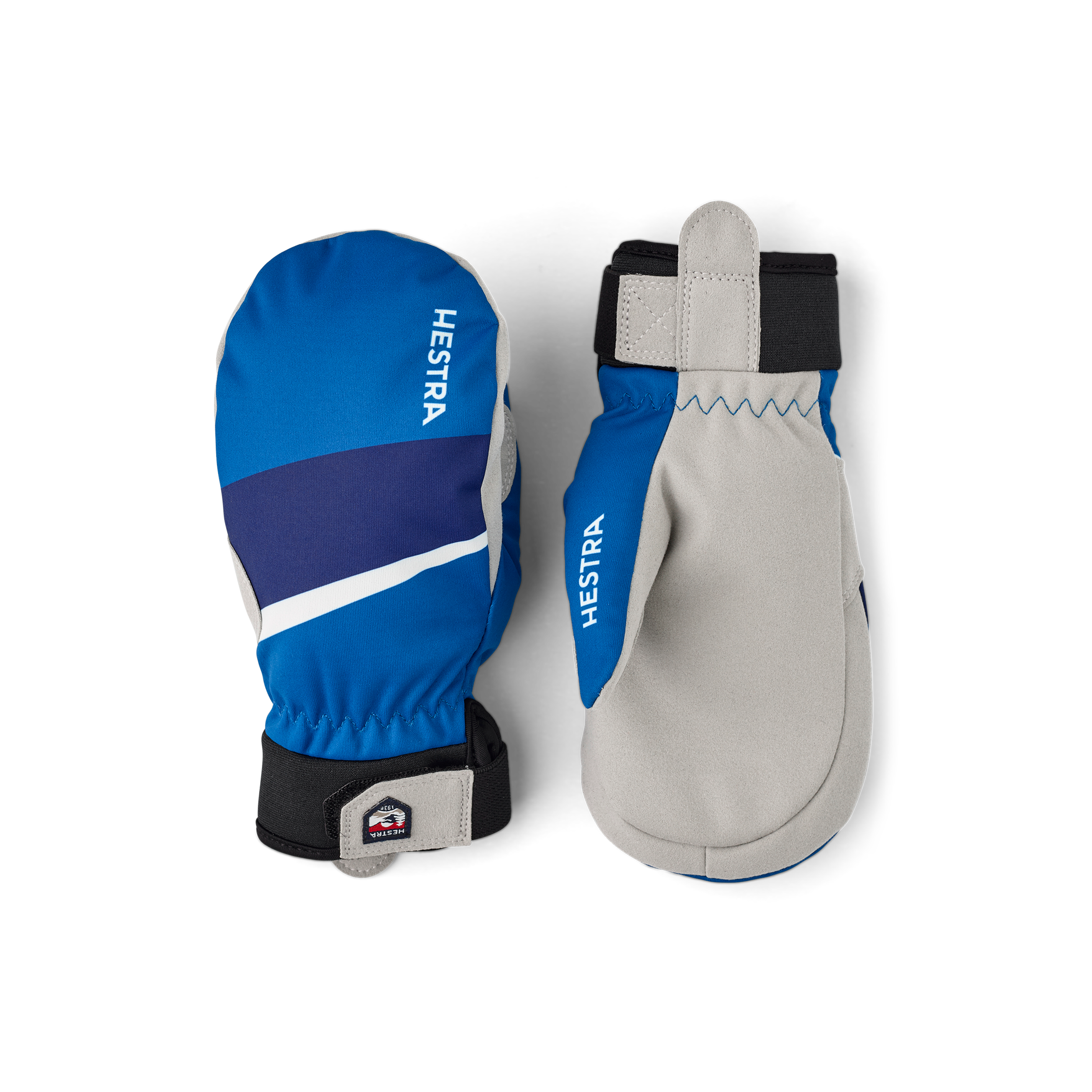 Royal blue fabric mitten with gray synthetic suede palm