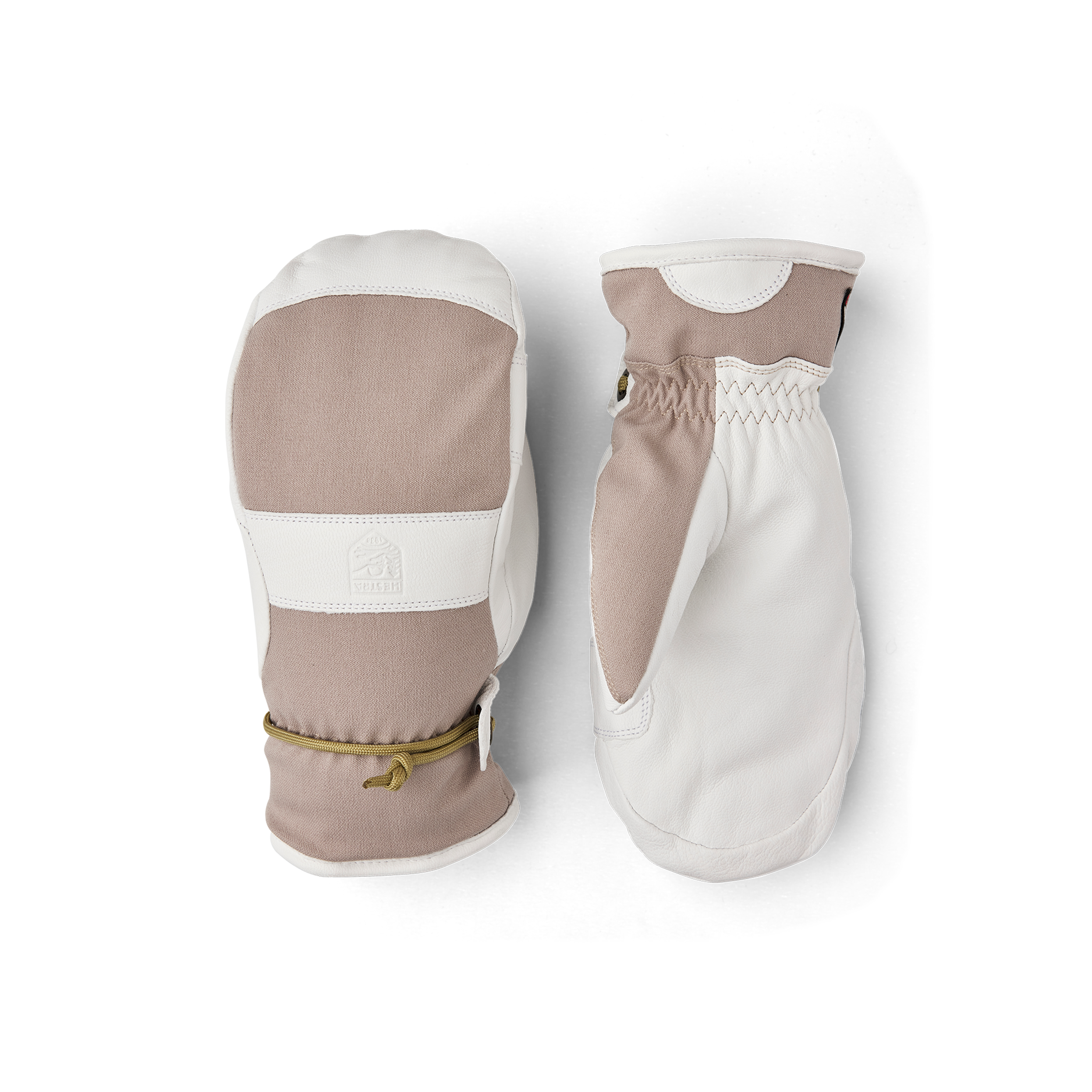 Beige mitten with white goat leather palm and wrist strap