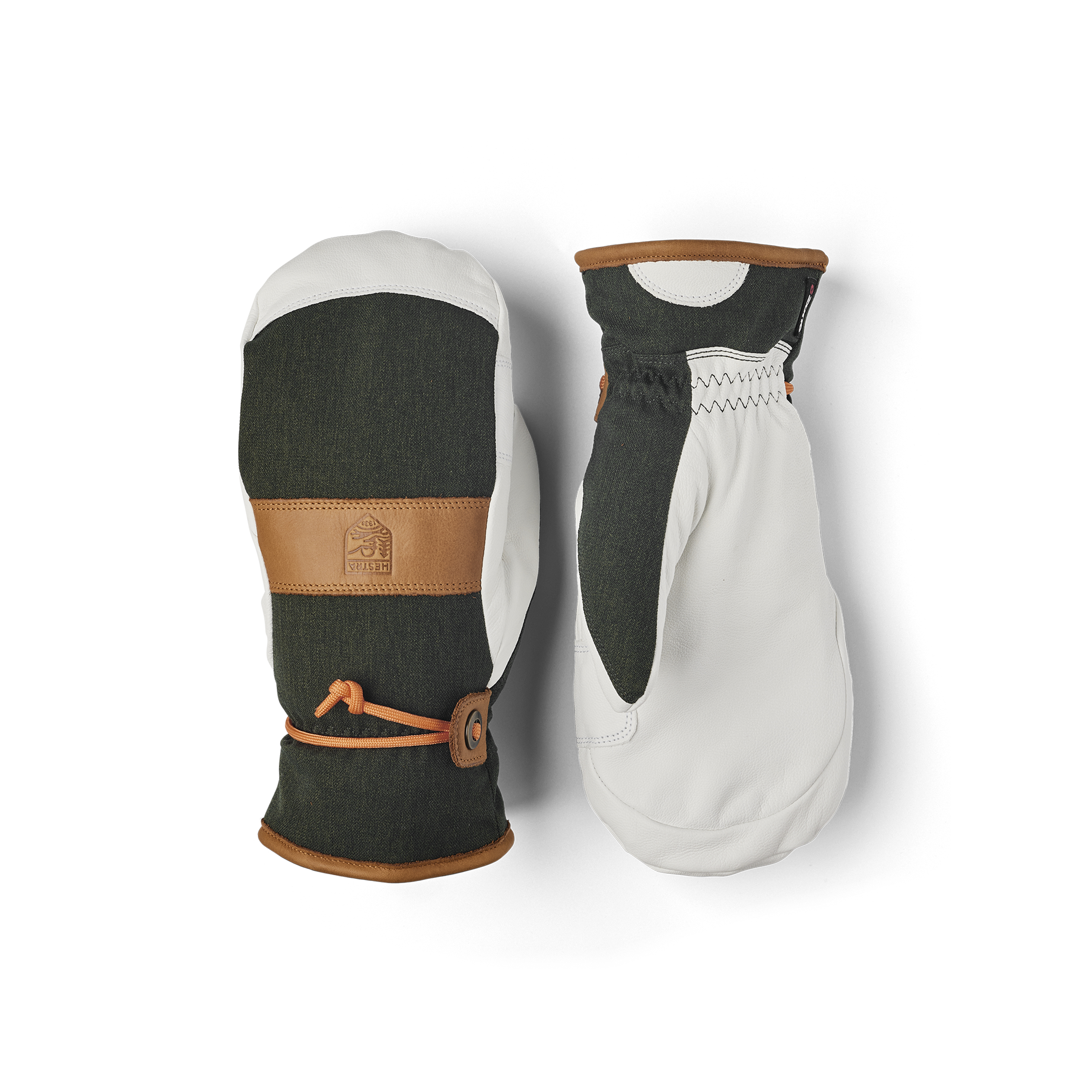 Dark green mitten with white goat leather palm and wrist strap