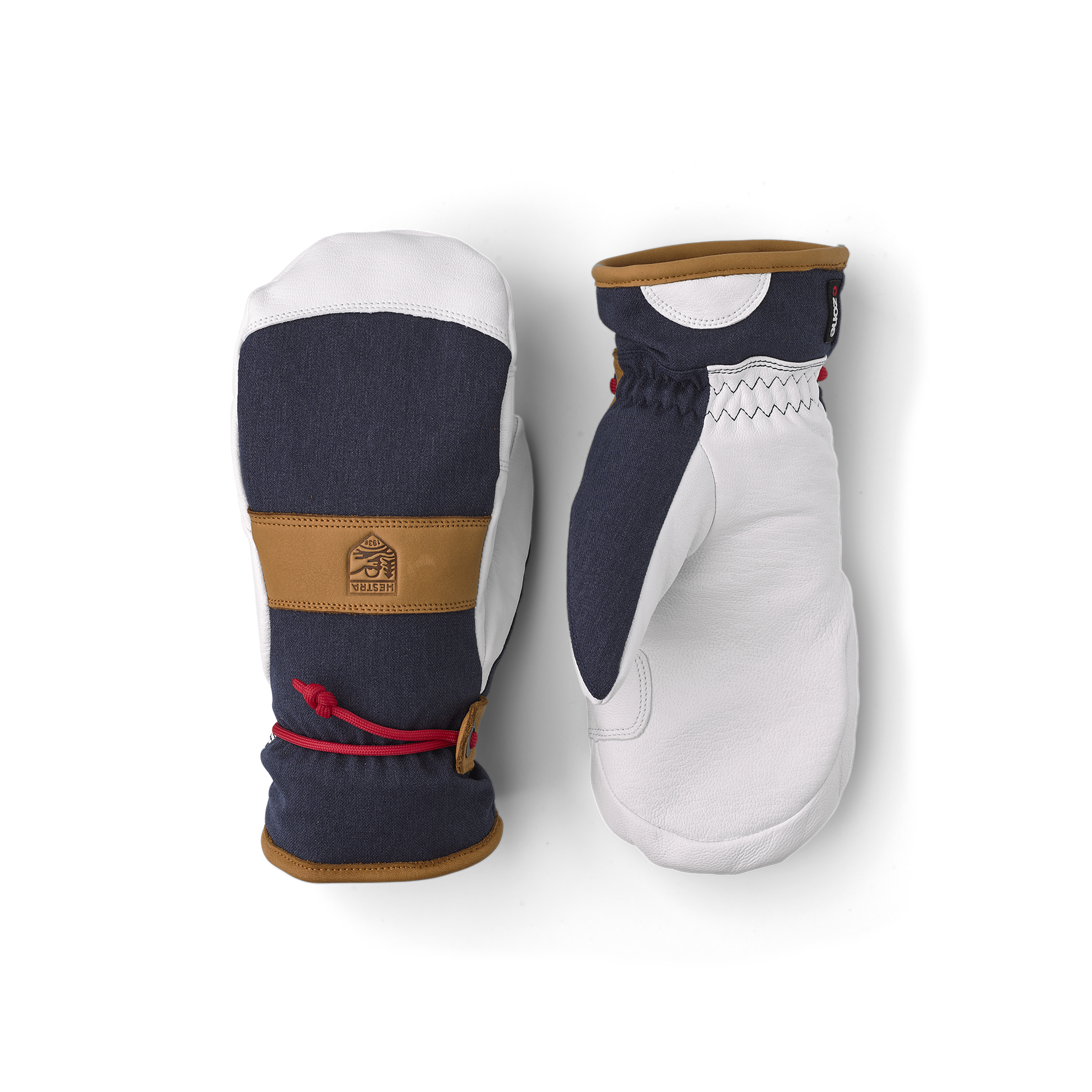 Dark blue mitten with white goat leather palm and wrist strap