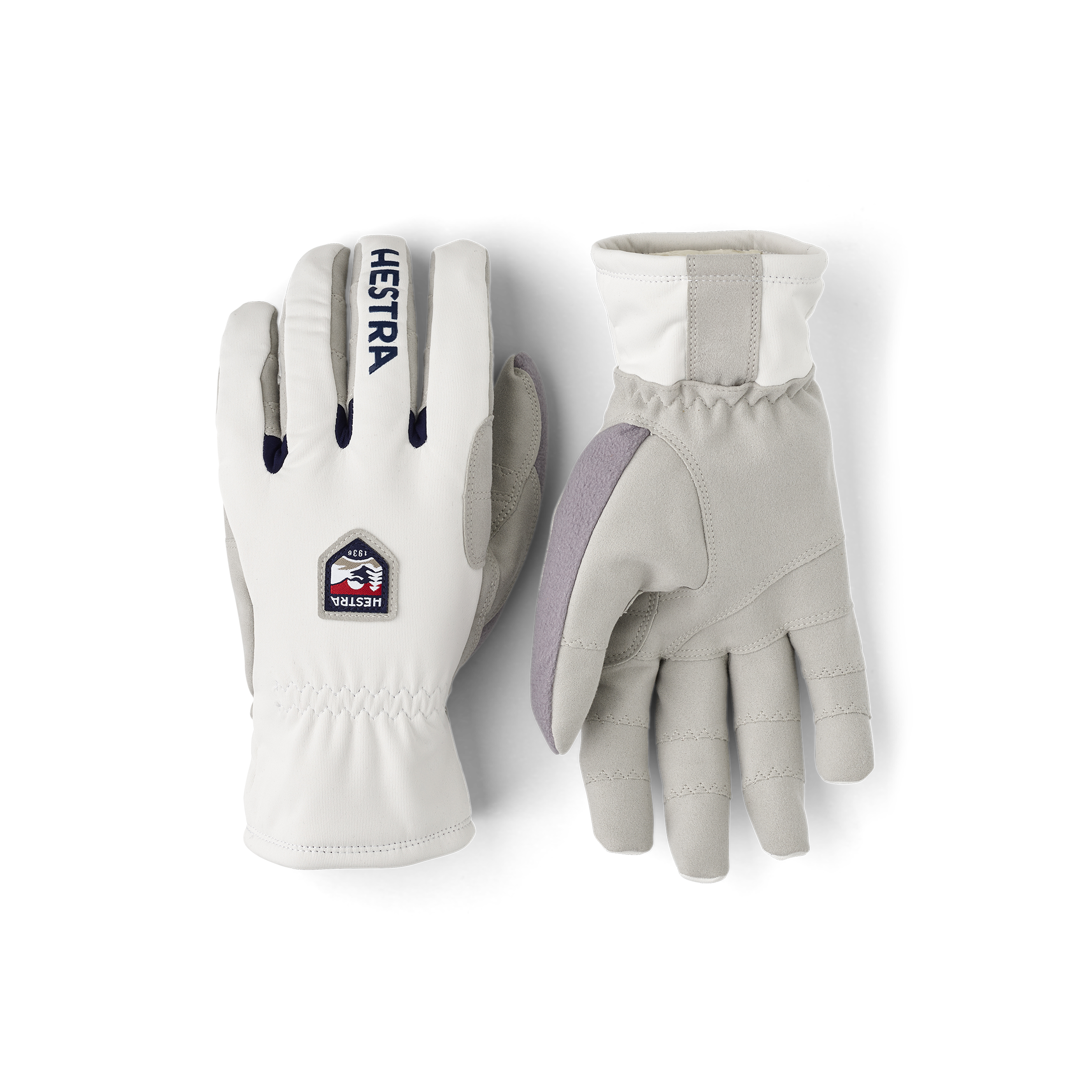 White fabric cross-country ski glove with gray synthetic suede palm