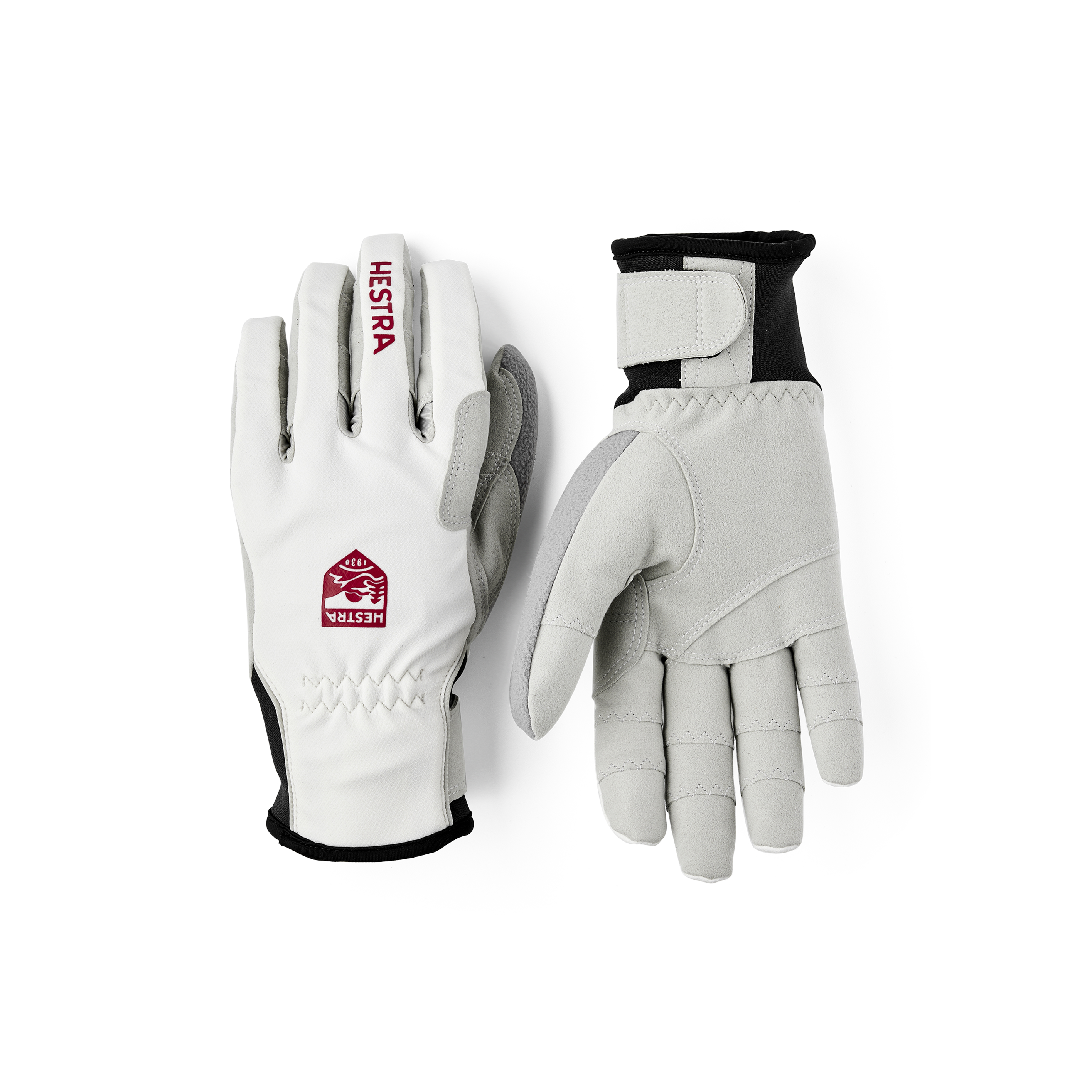 White fabric cross-country ski glove with gray synthetic suede palm