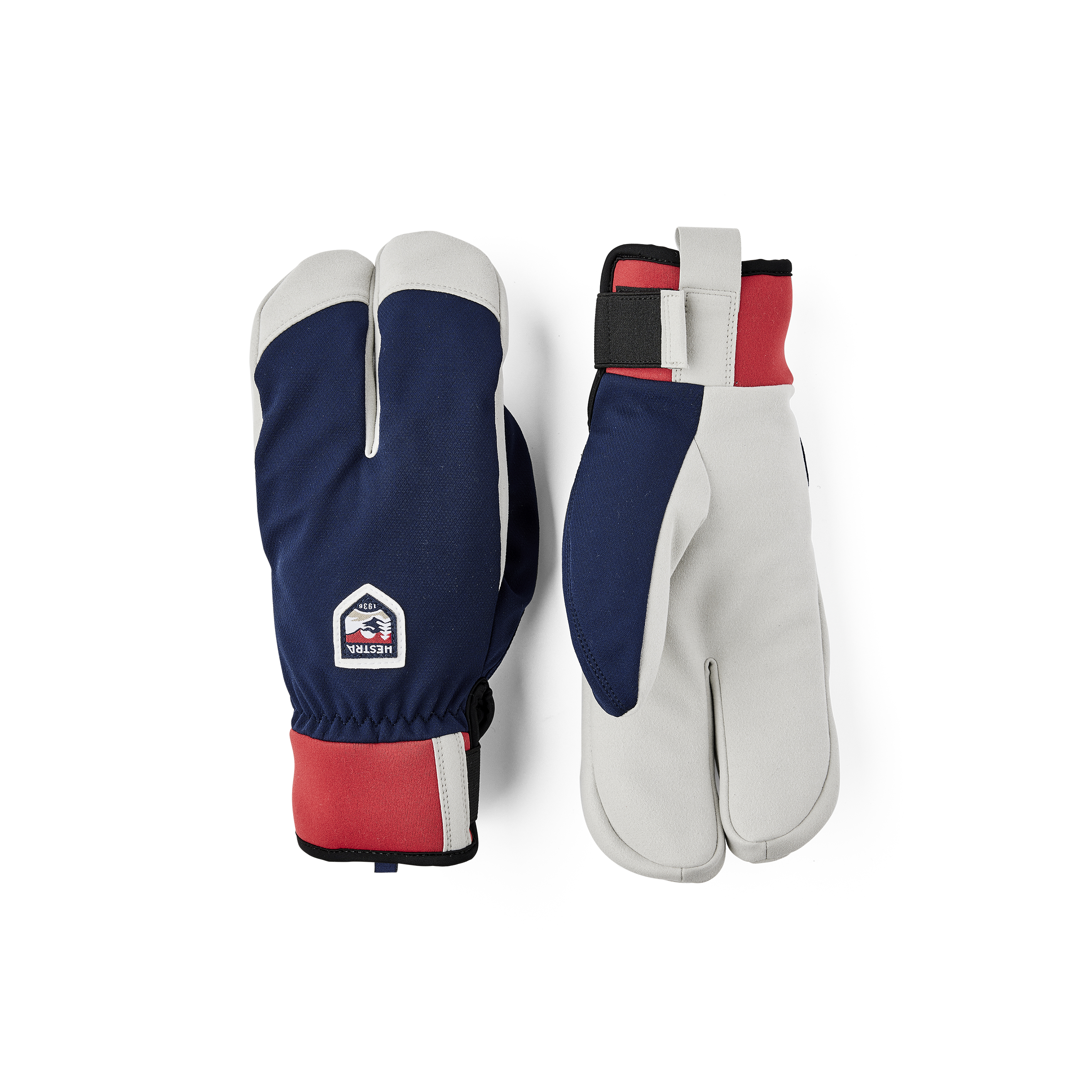 Dark blue and red fabric lobster glove with gray synthetic suede palm