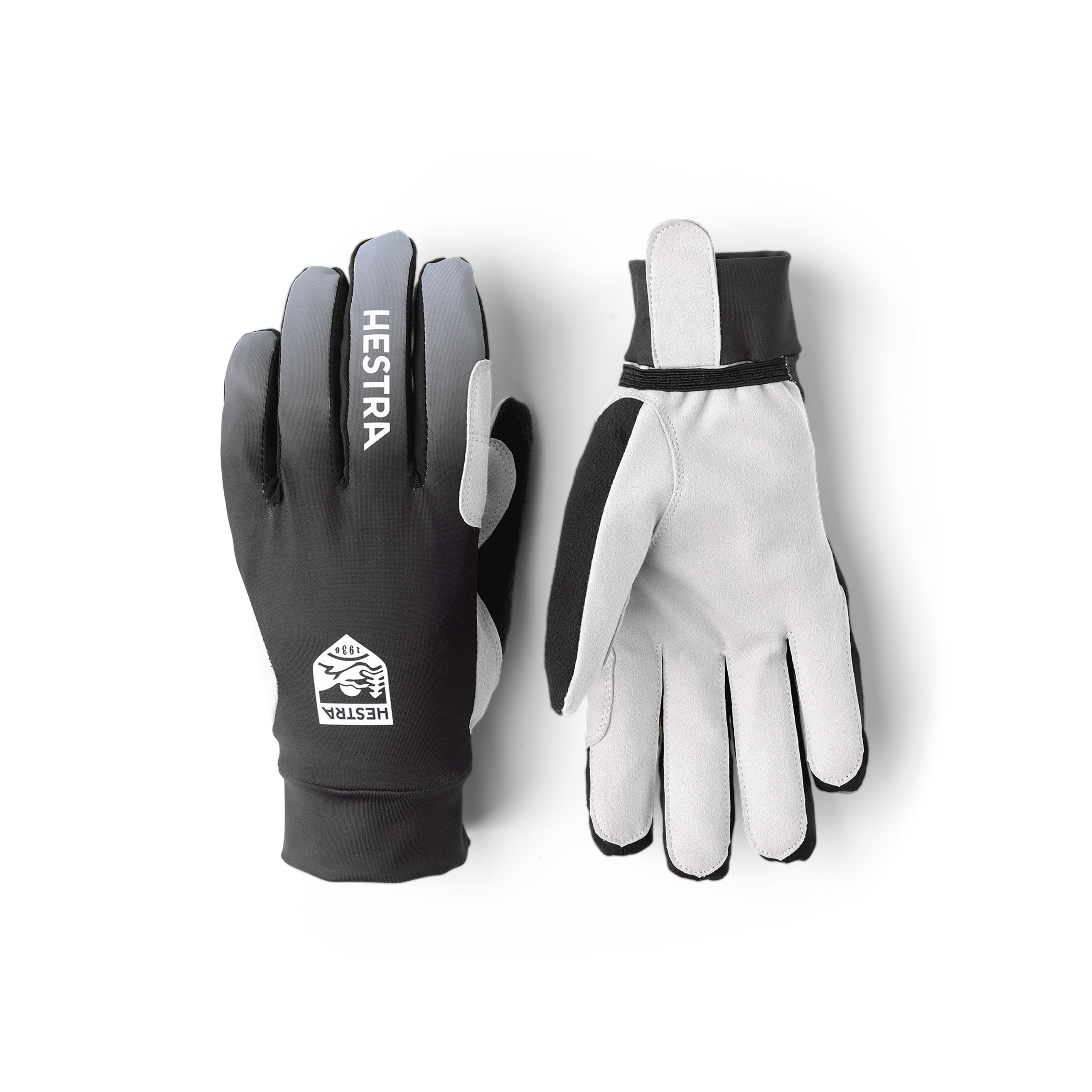 Black fabric cross-country ski glove with gray synthetic suede palm
