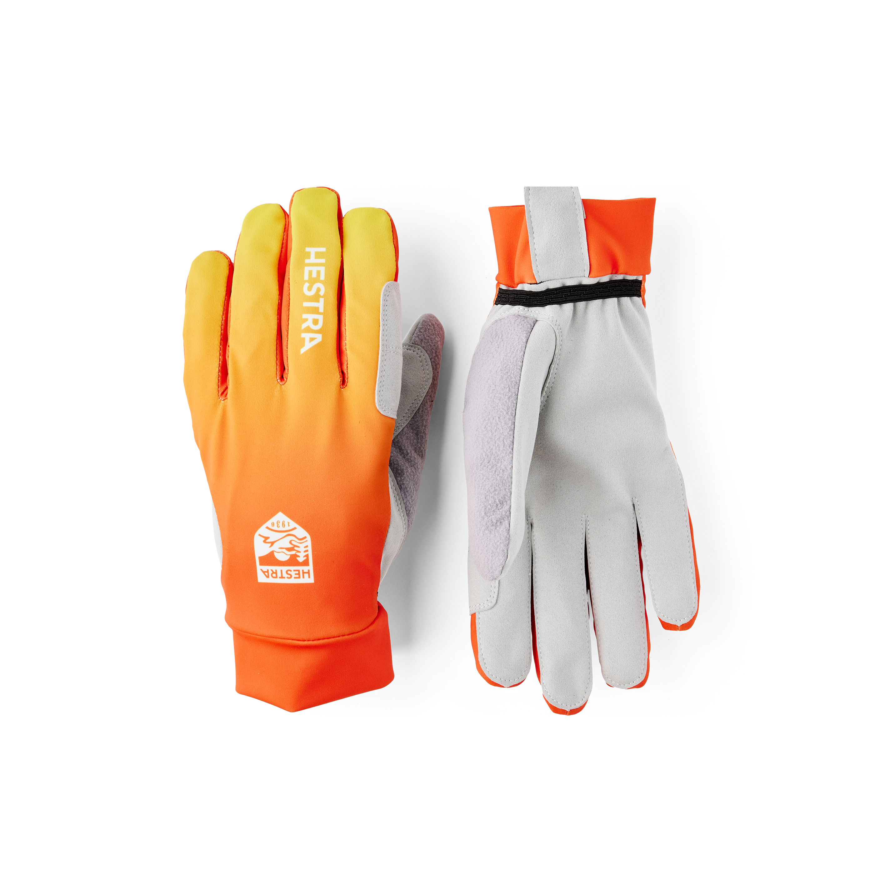 Orange and yellow fabric cross-country ski glove with gray synthetic suede palm