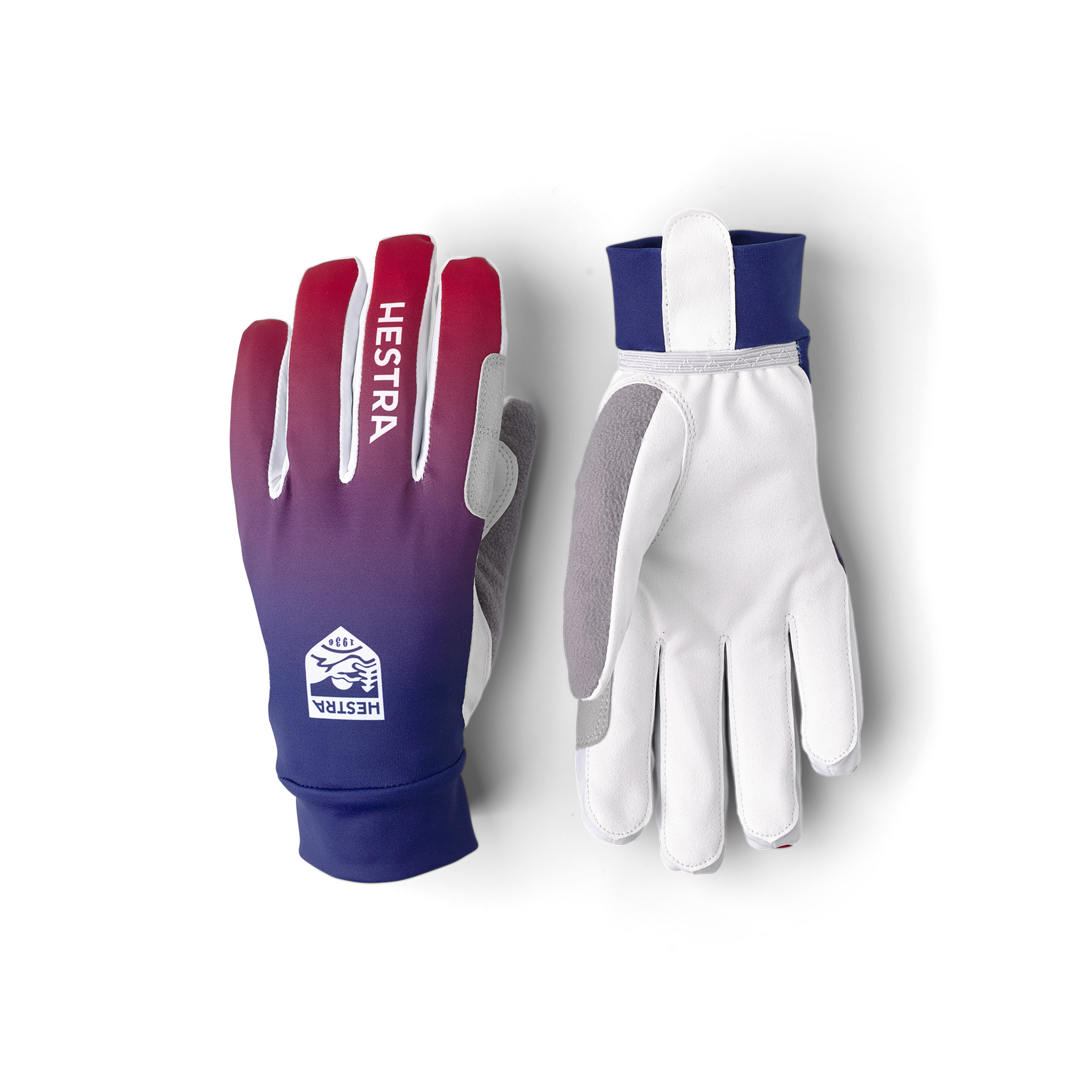 Blue and red fabric cross-country ski glove with white synthetic suede palm