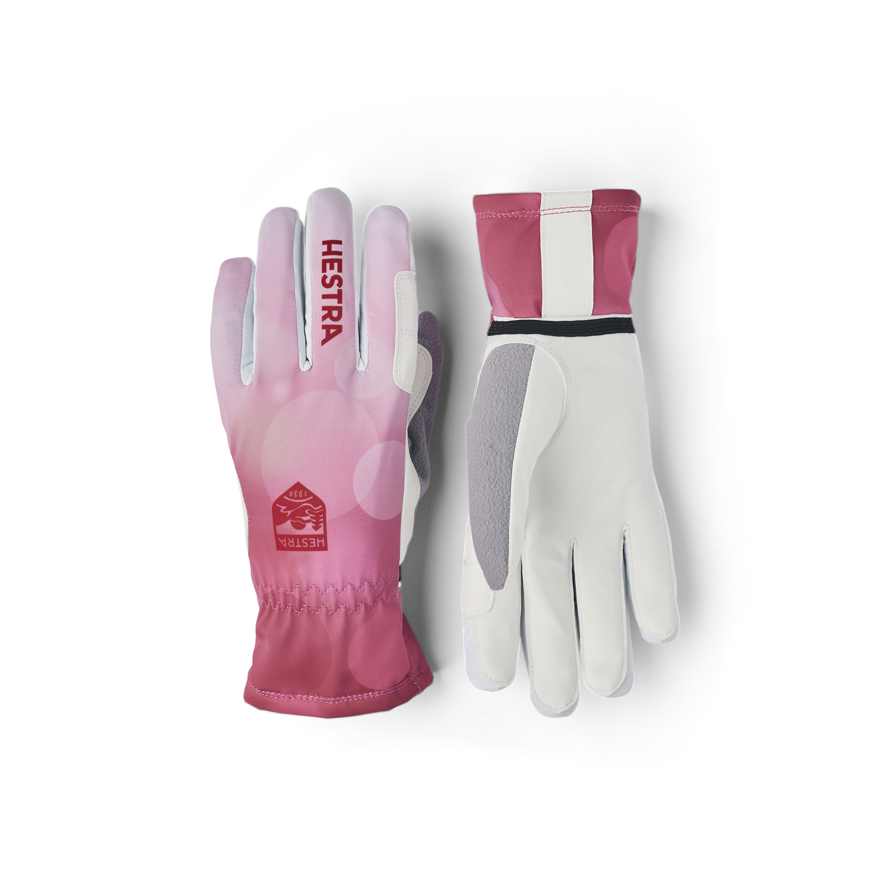 Pink cross-country ski glove with white synthetic suede palm