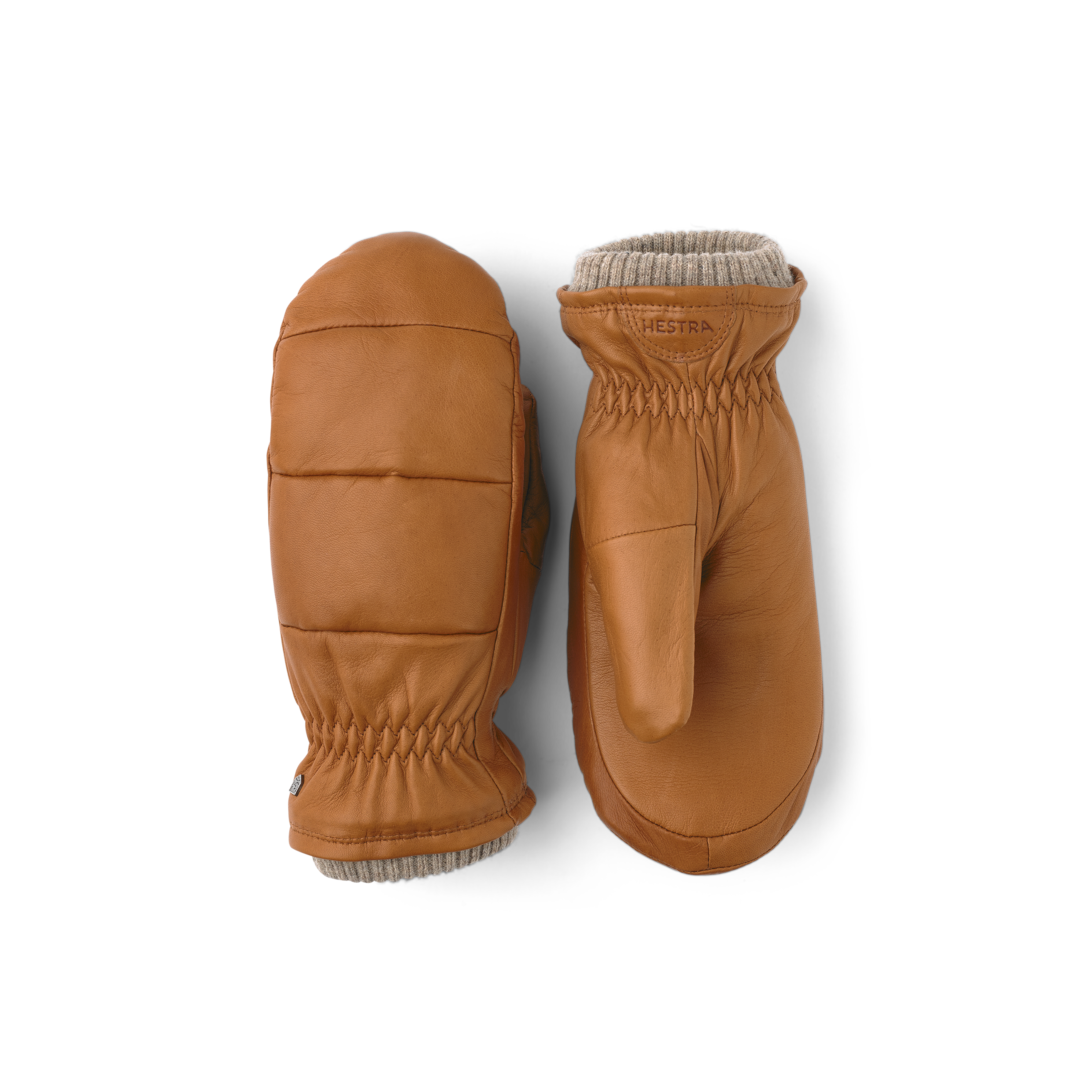 Light brownish-yellow hairsheep leather mitten with short knitted cuff