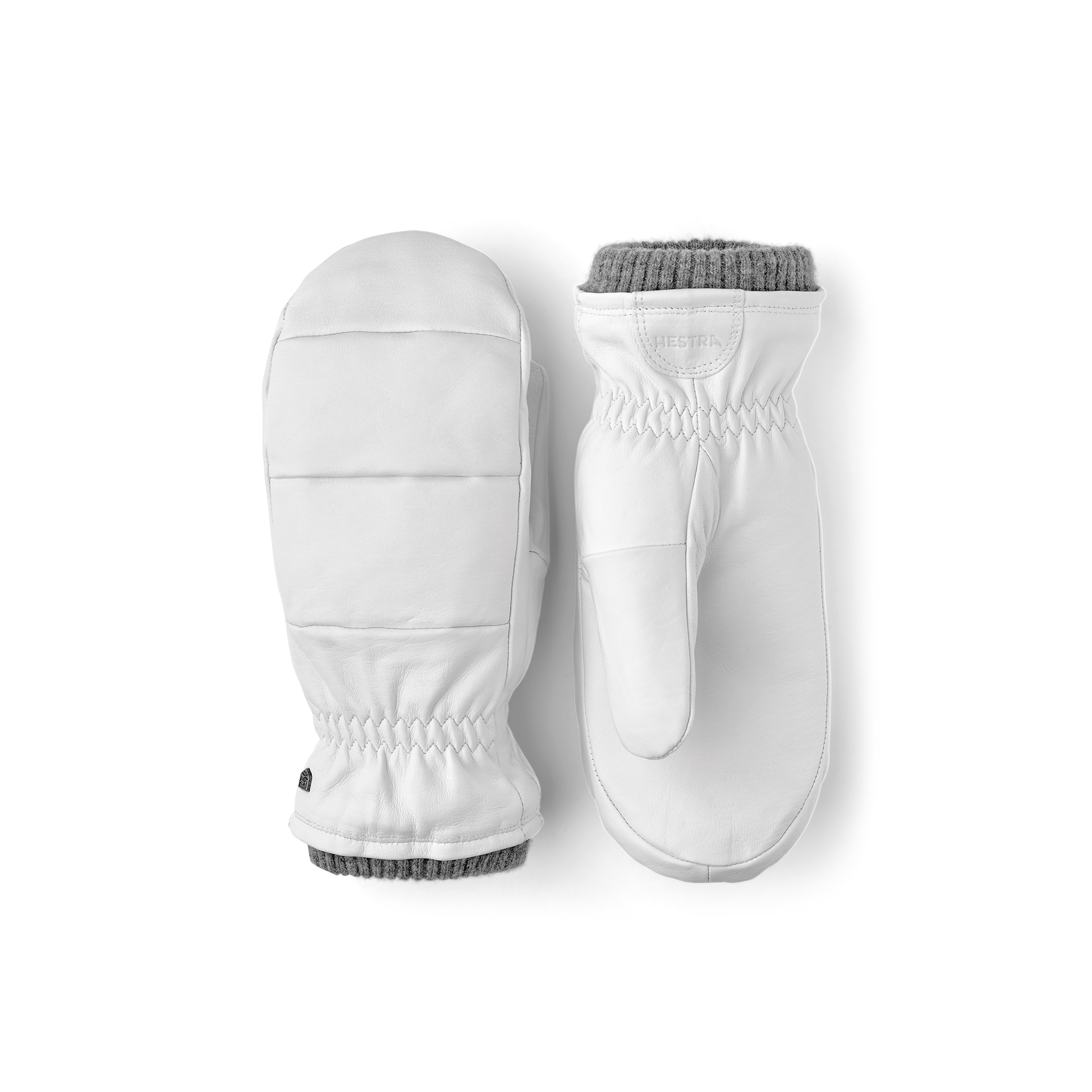 White hairsheep leather mitten with short knitted cuff