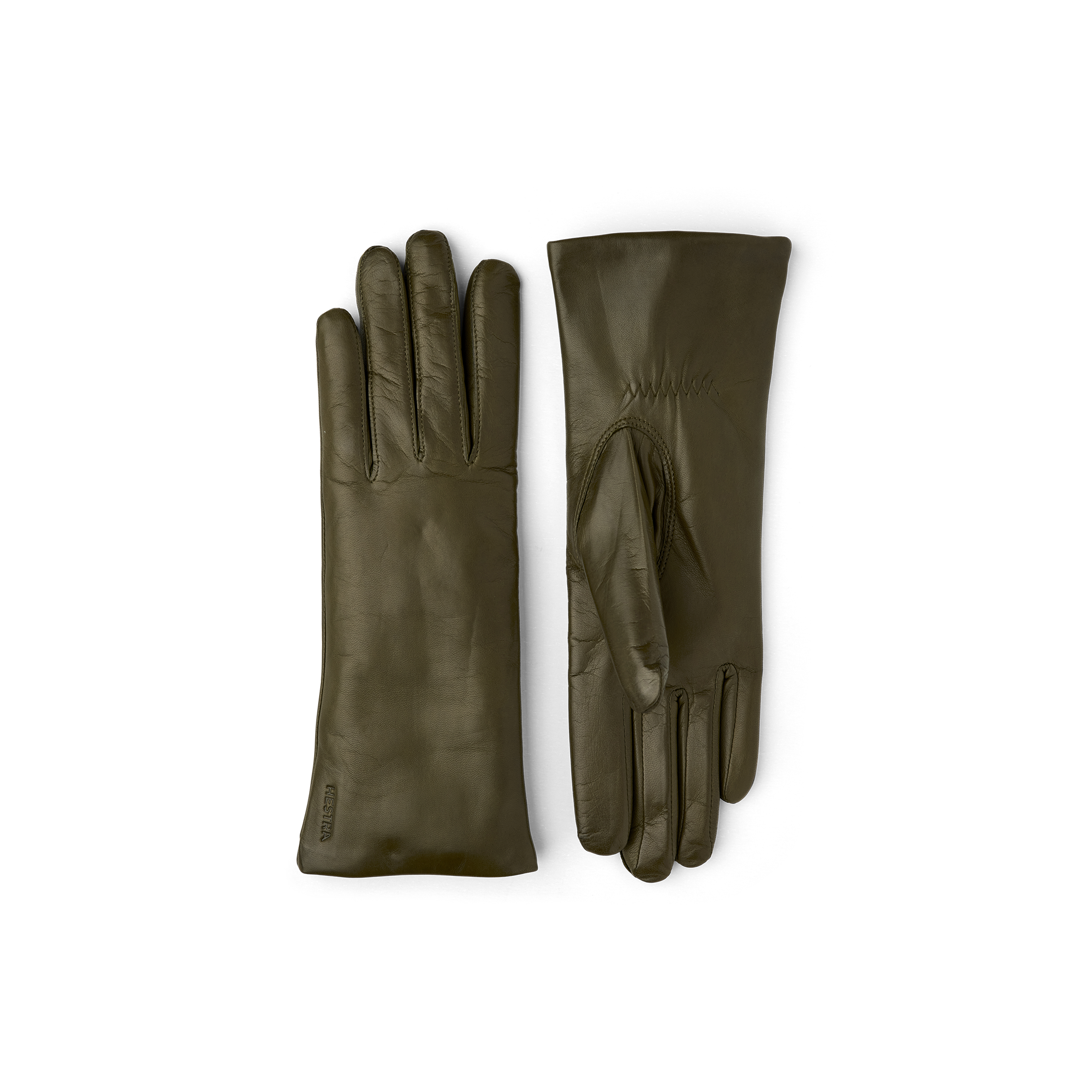 Moss green machine-sewn hairsheep leather glove