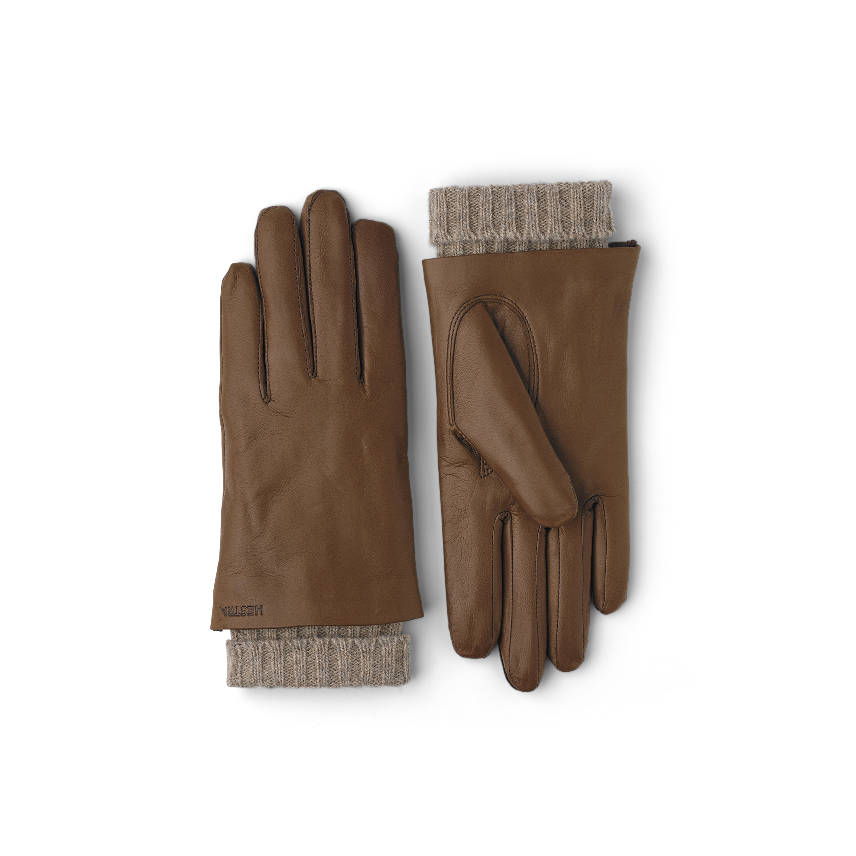 Light brown machine-sewn hairsheep leather glove with knitted cuff