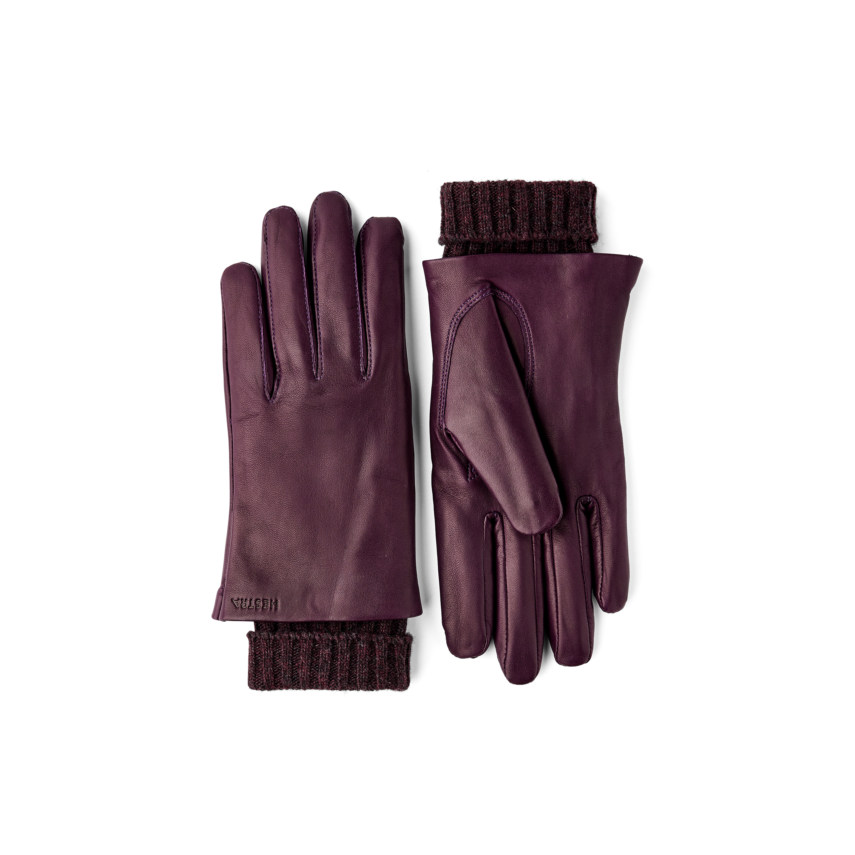 Dark purple machine-sewn hairsheep leather glove with knitted cuff