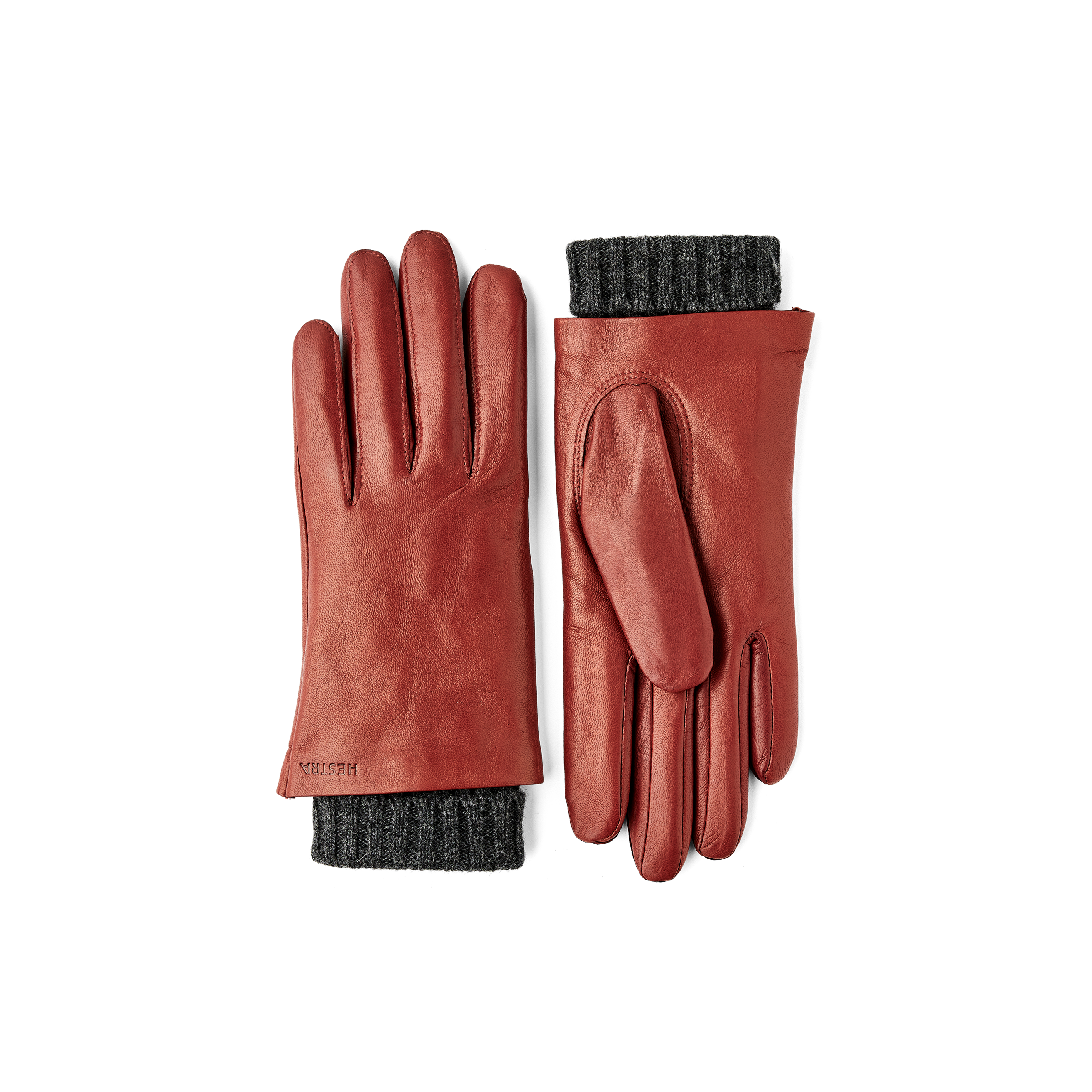 Brown-red machine-sewn hairsheep leather glove with knitted cuff