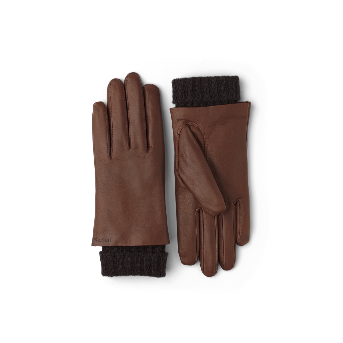 Brown machine-sewn hairsheep leather glove with knitted cuff