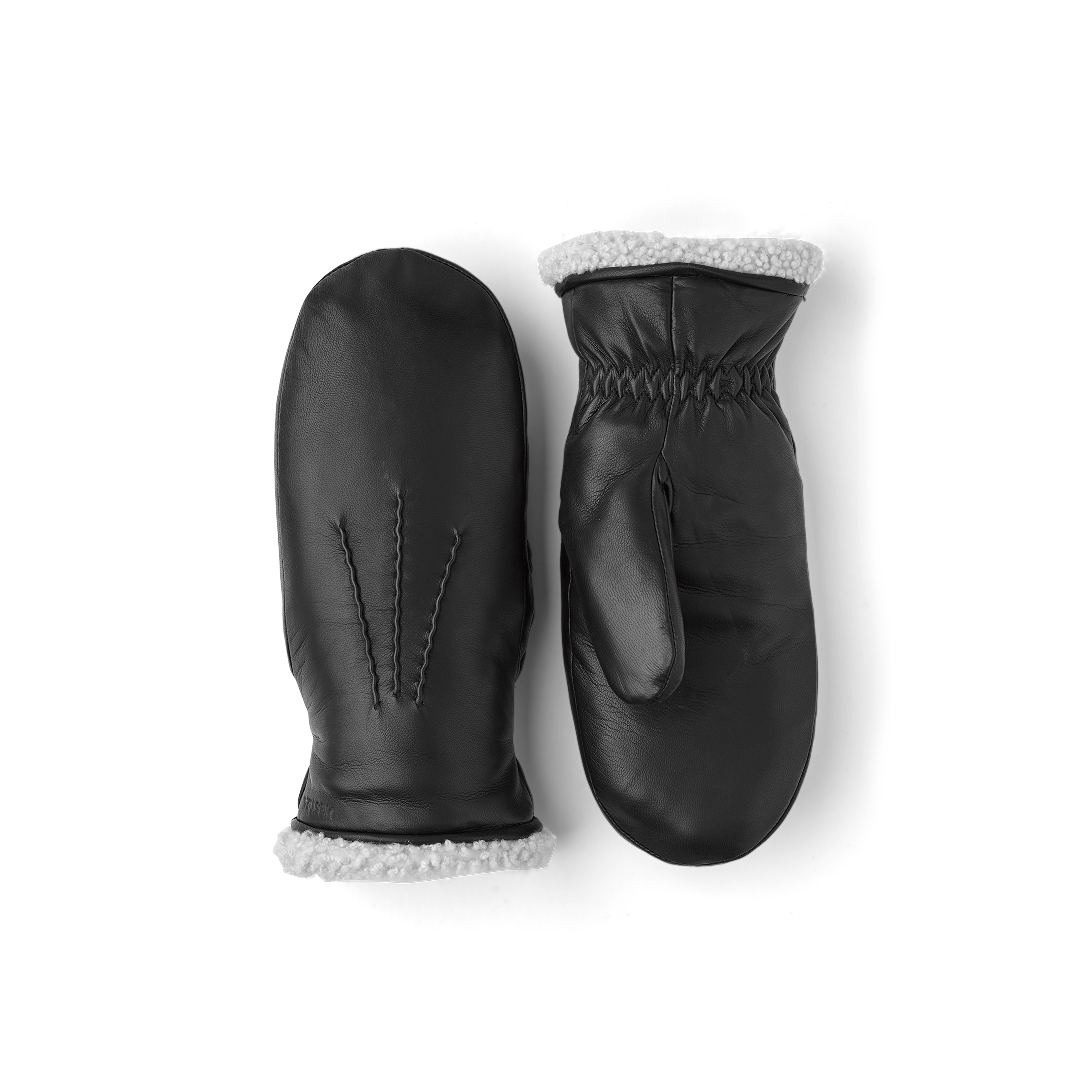 Black machine-sewn hairsheep leather mitten with white fur trim