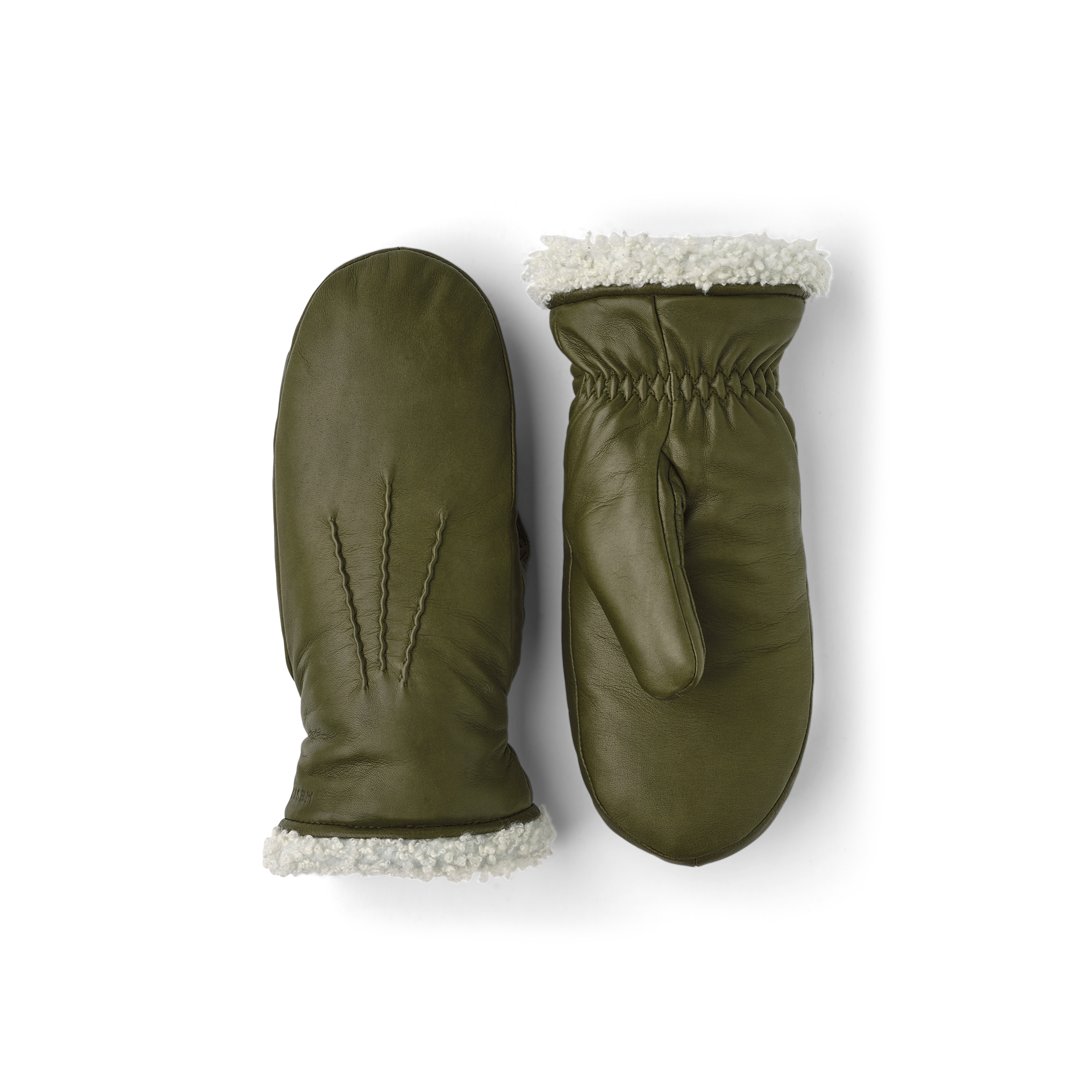 Moss green machine-sewn hairsheep leather mitten with white fur trim