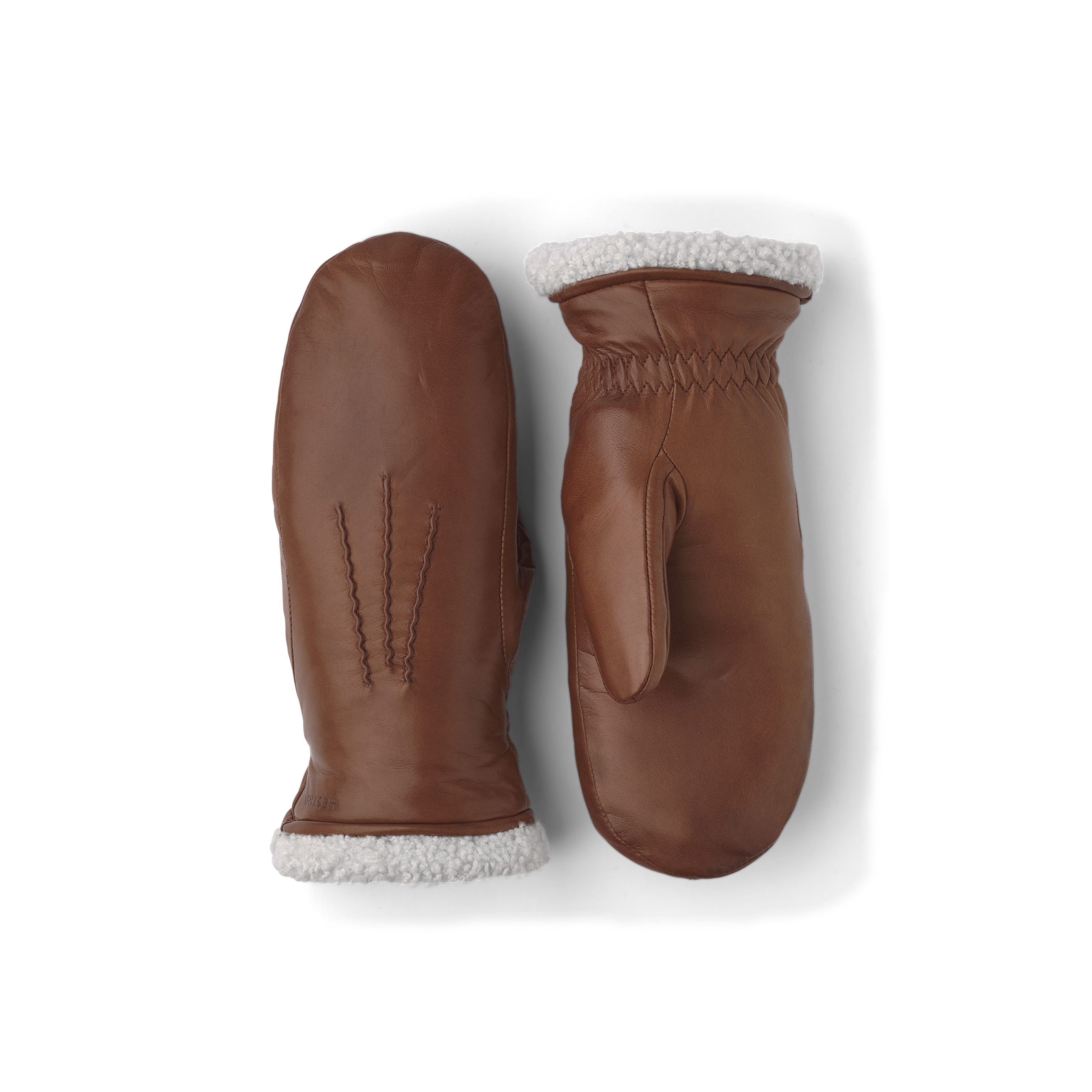 Medium brown machine-sewn hairsheep leather mitten with white fur trim