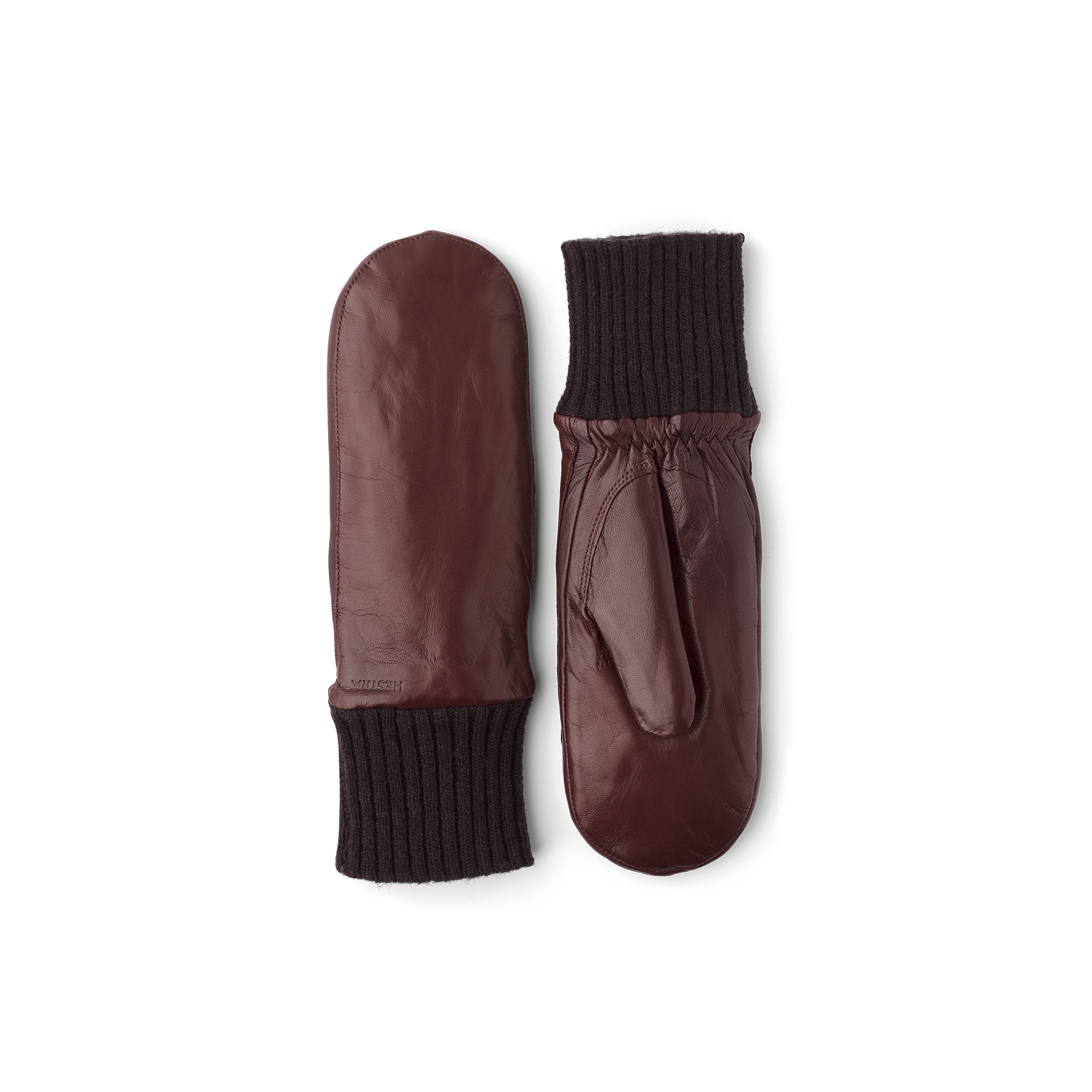 Brown machine-sewn hairsheep leather mitten with knitted cuff