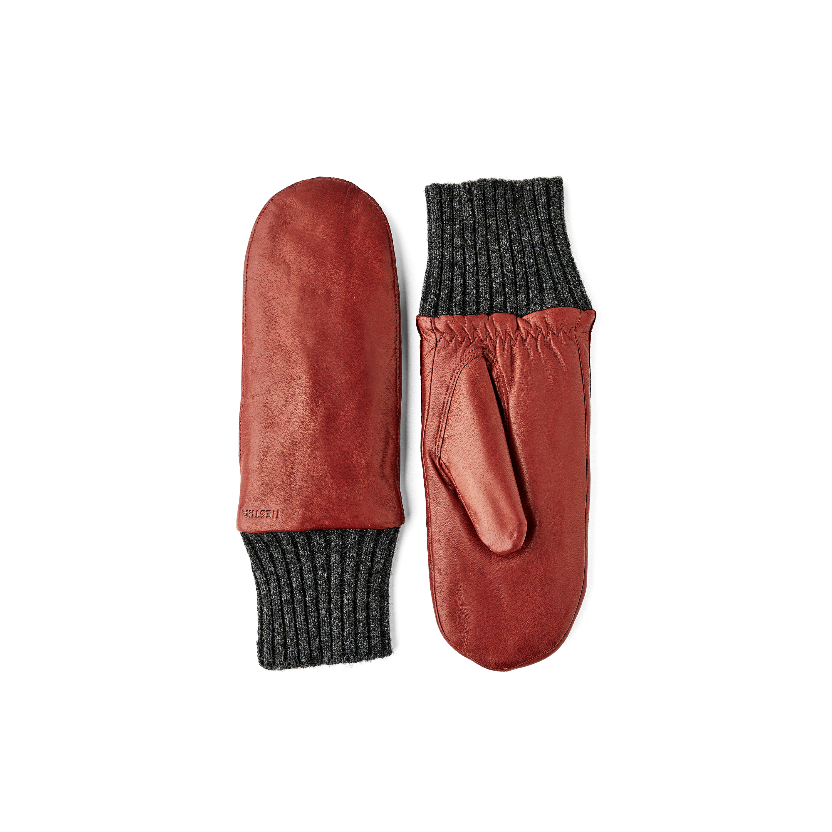 Brown-red machine-sewn hairsheep leather mitten with gray knitted cuff