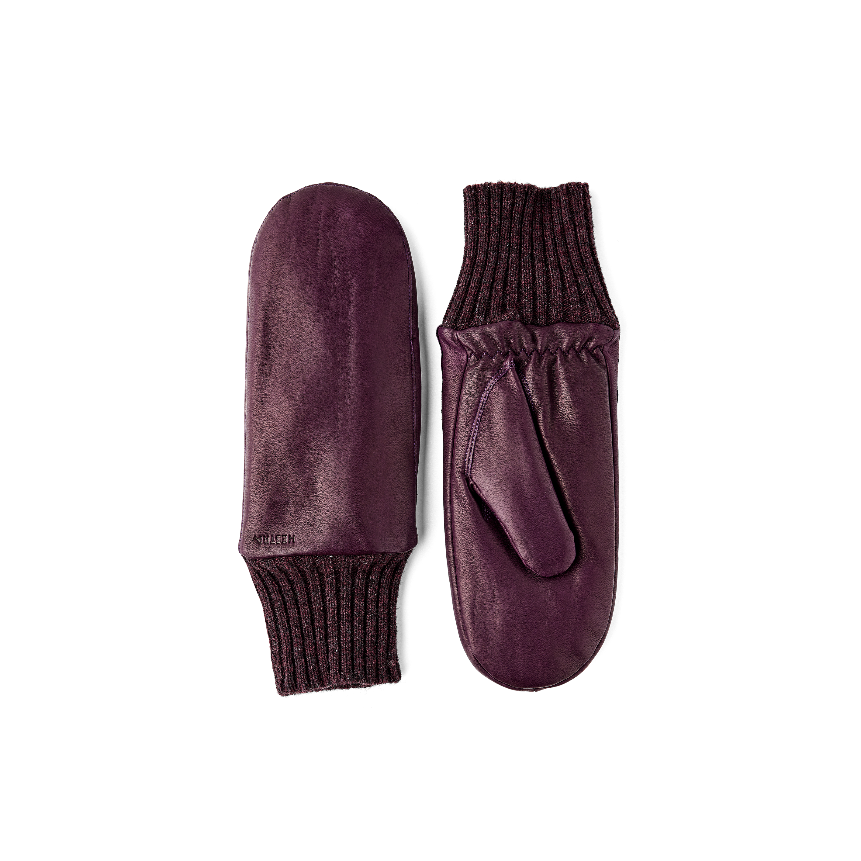 Dark purple machine-sewn hairsheep leather mitten with knitted cuff