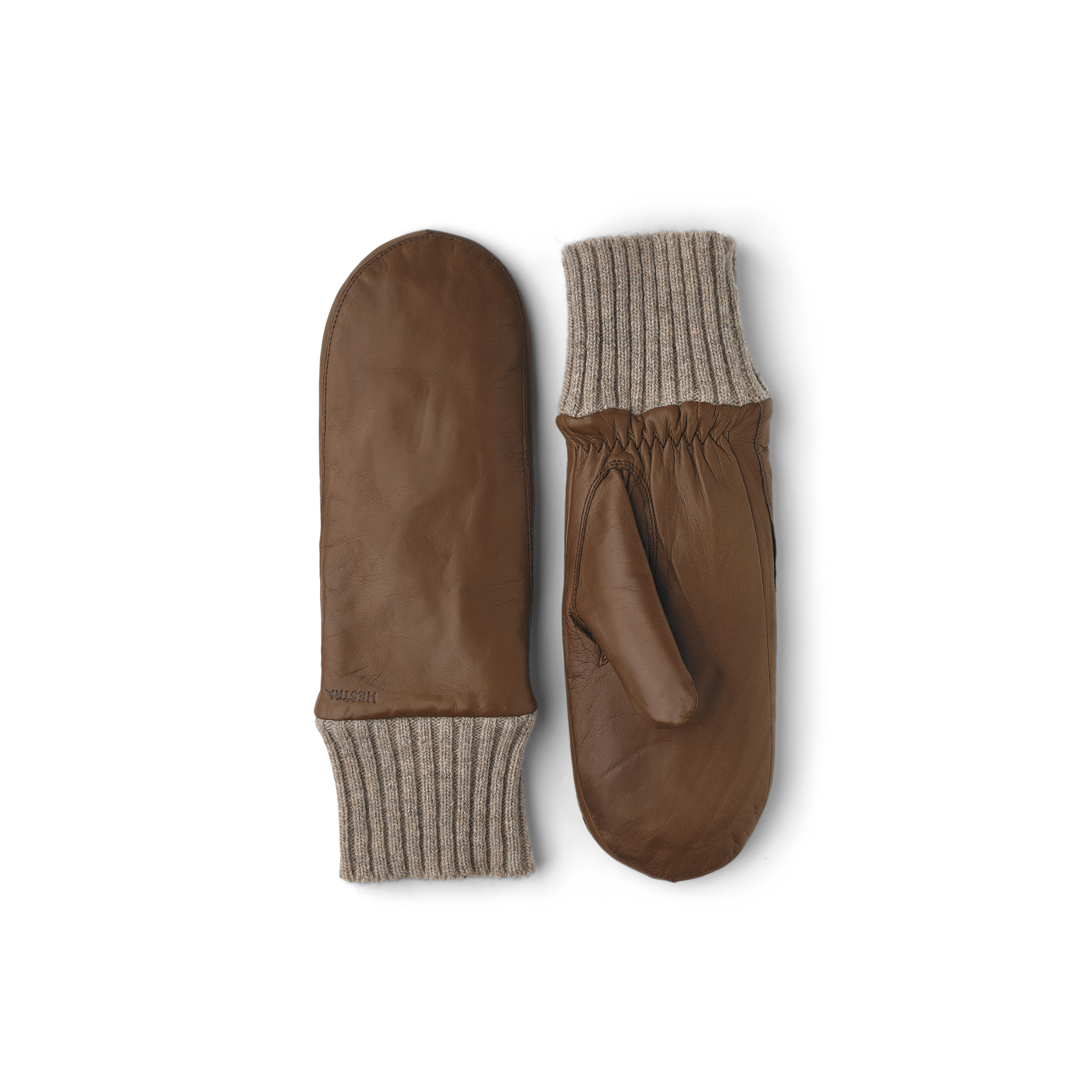 Light brown machine-sewn hairsheep leather mitten with beige knitted cuff