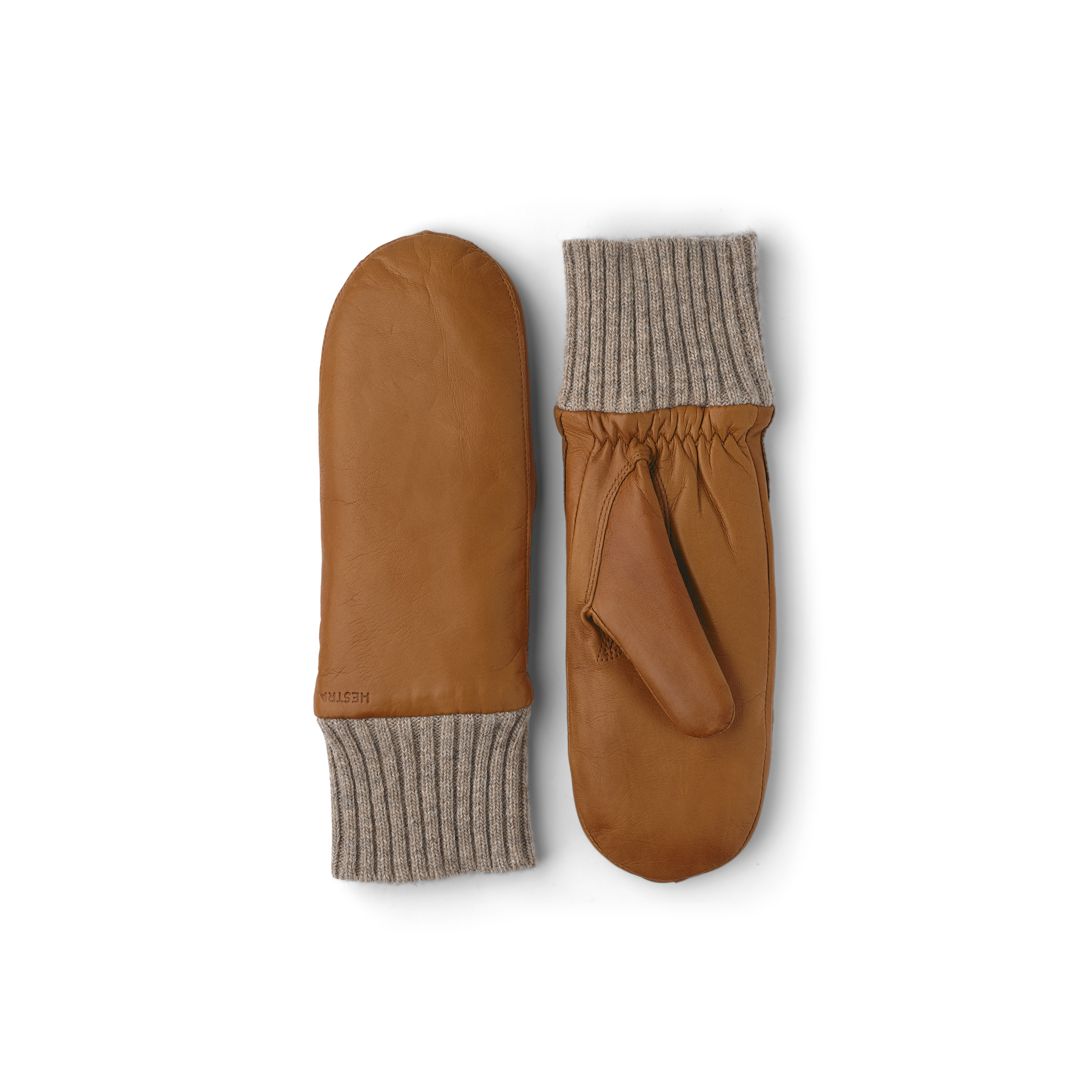 Light brownish-yellow machine-sewn hairsheep leather mitten with beige knitted cuff
