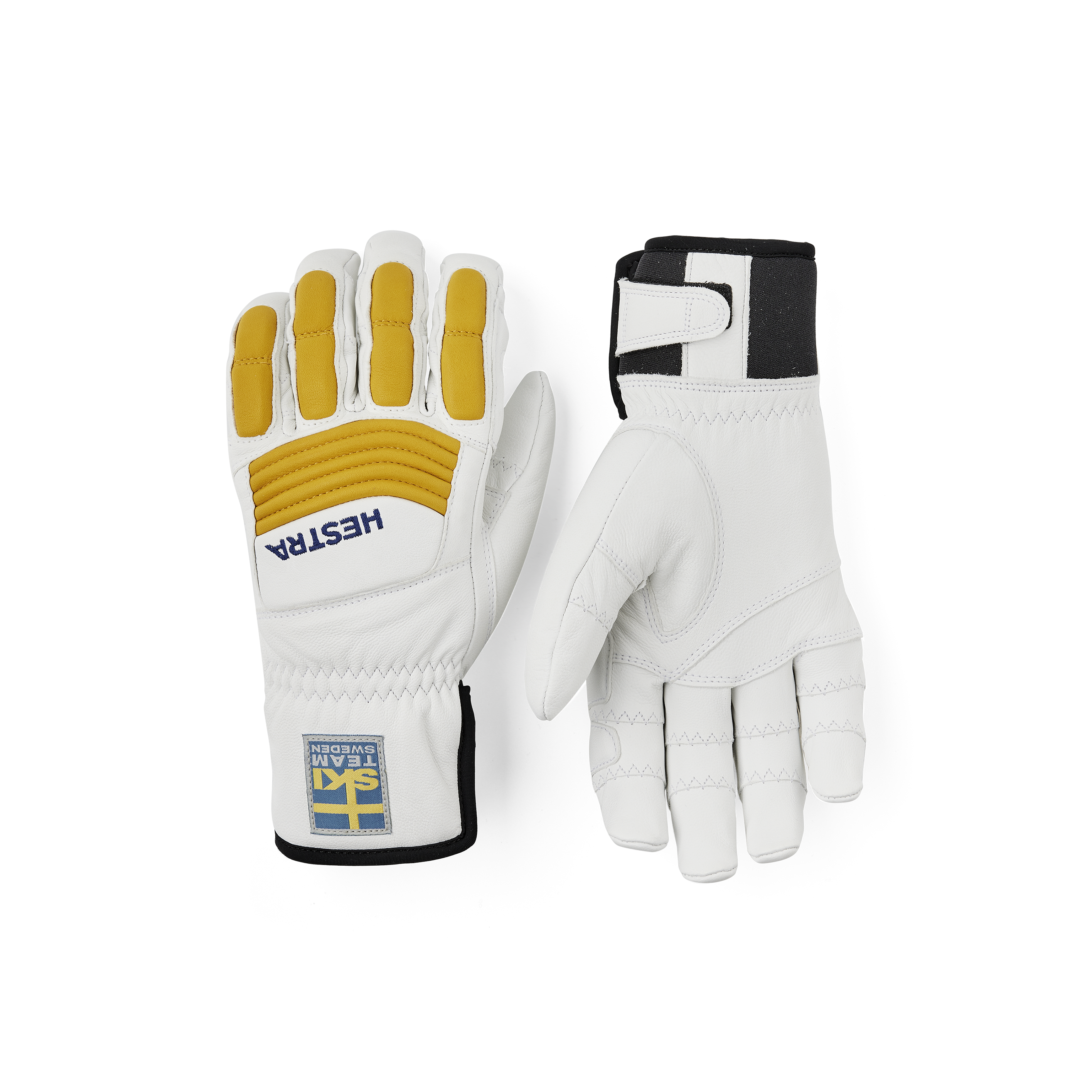 White goat leather ski glove with yellow backhand protection and adjustable opening.