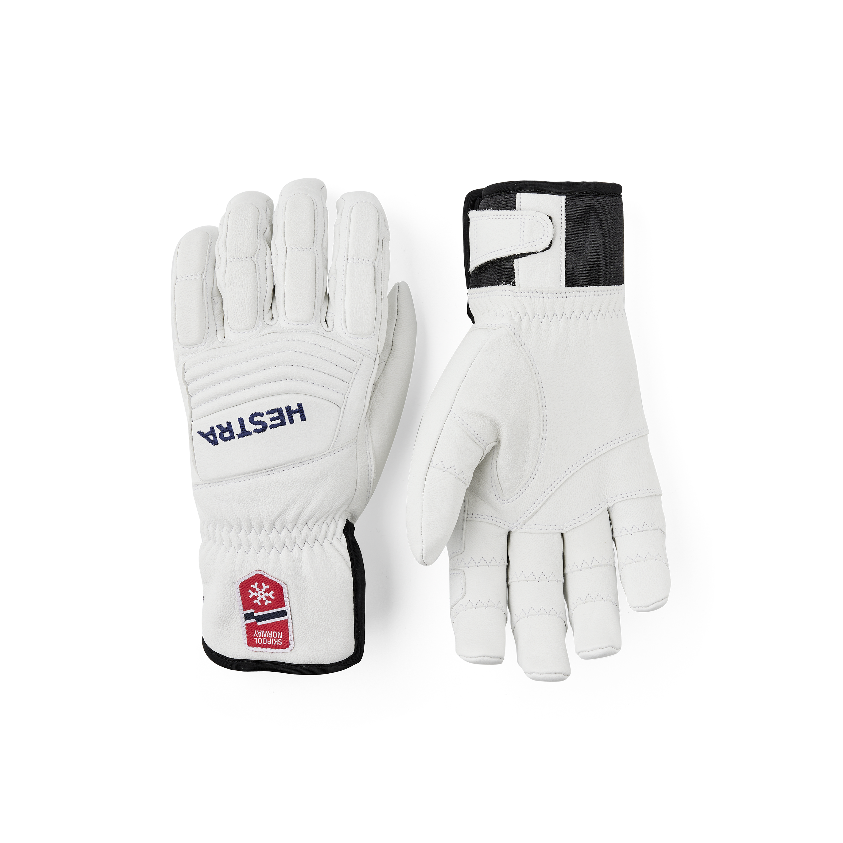 White goat leather ski glove with adjustable opening.