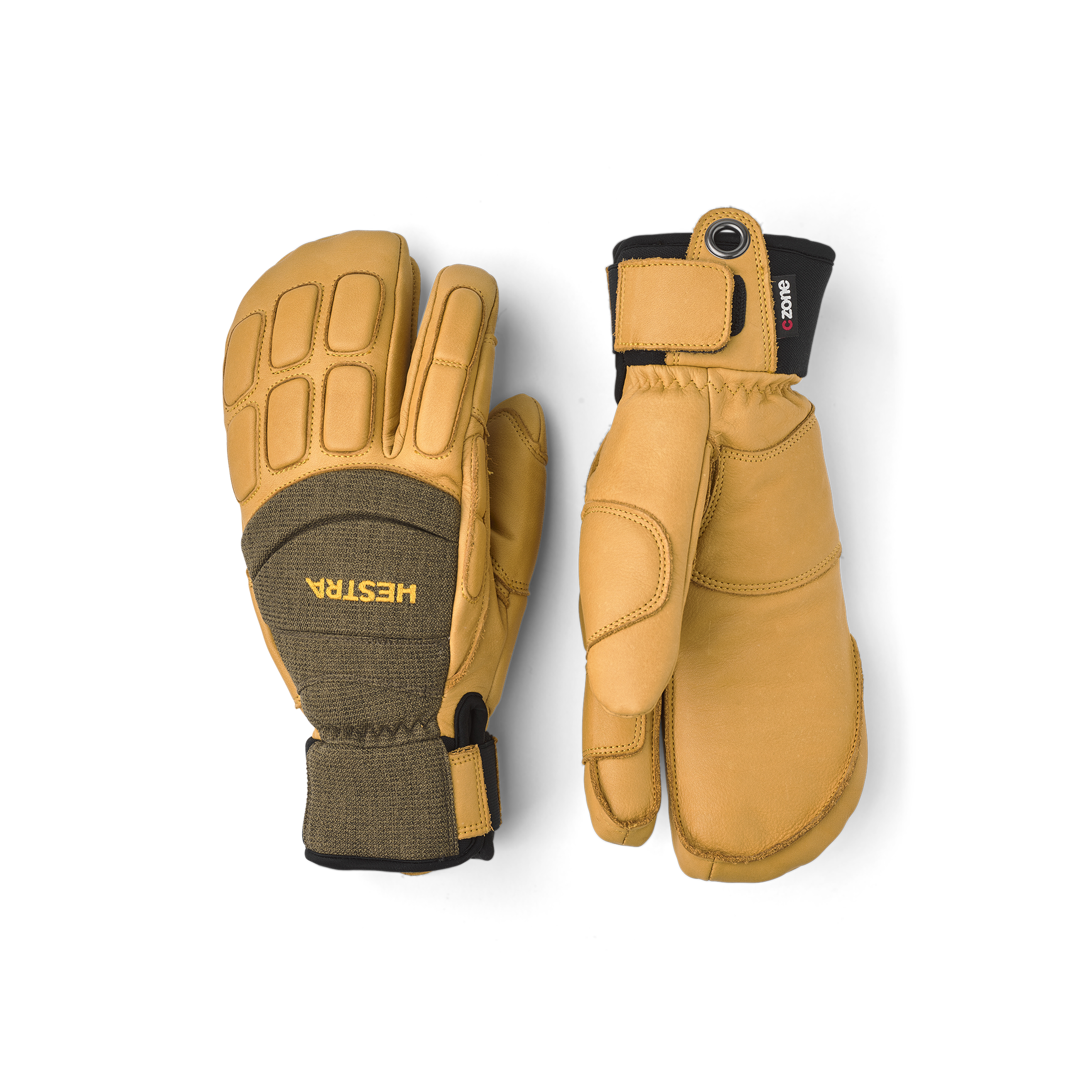 Light brown three finger goat leather ski glove with green fabric back with shock-absorbing panels.