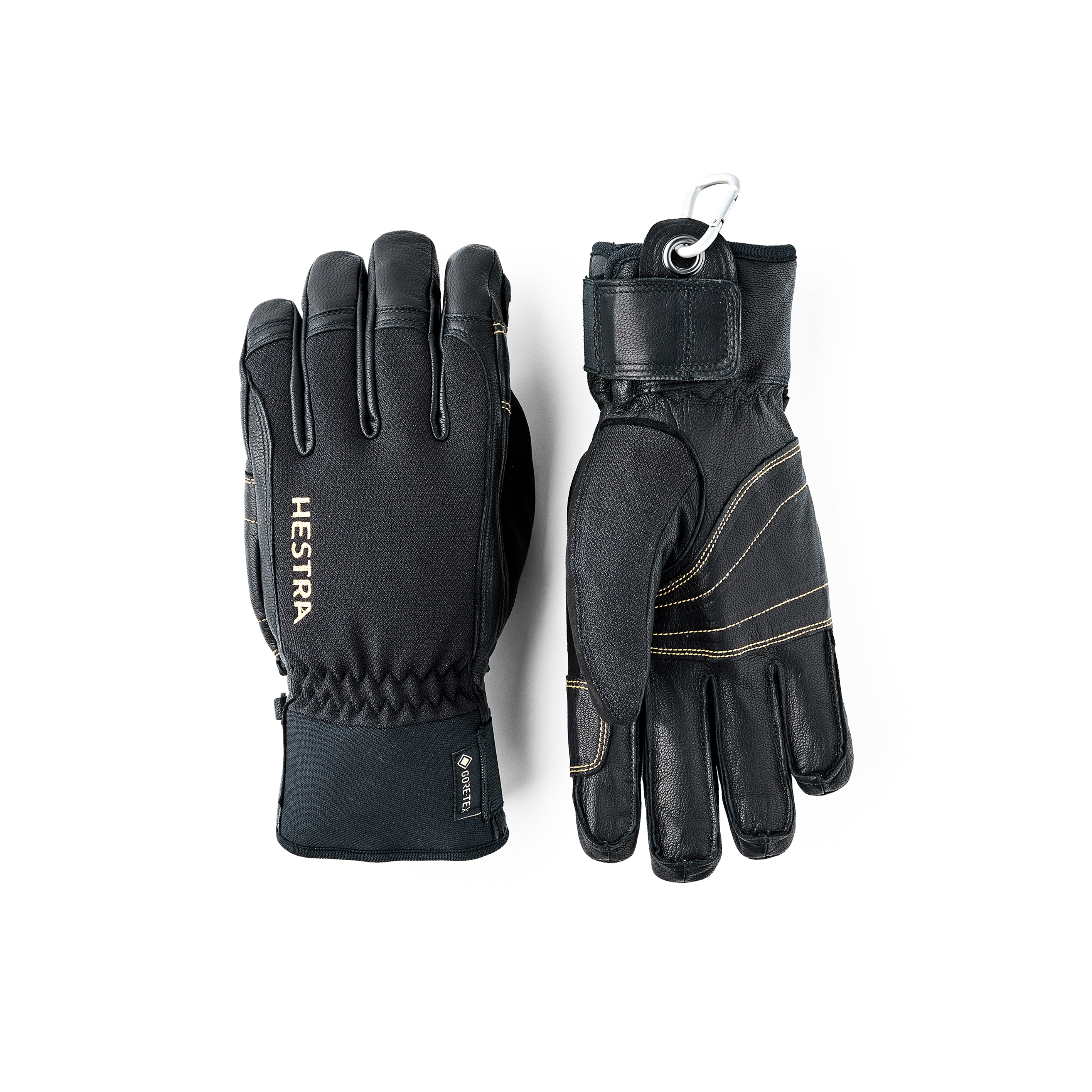 Black goat leather ski glove with black fabric back