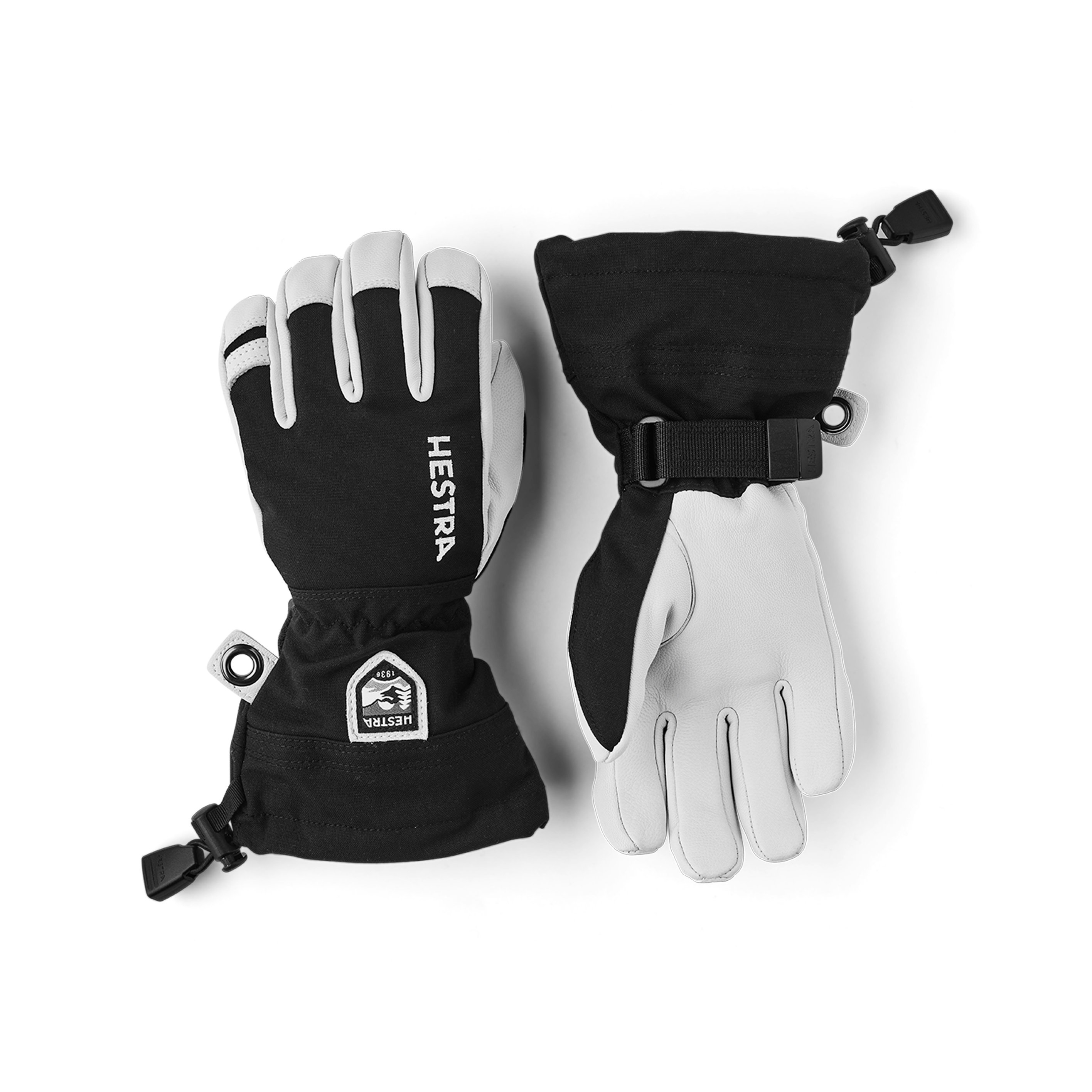 Black ski glove with white goat leather palm