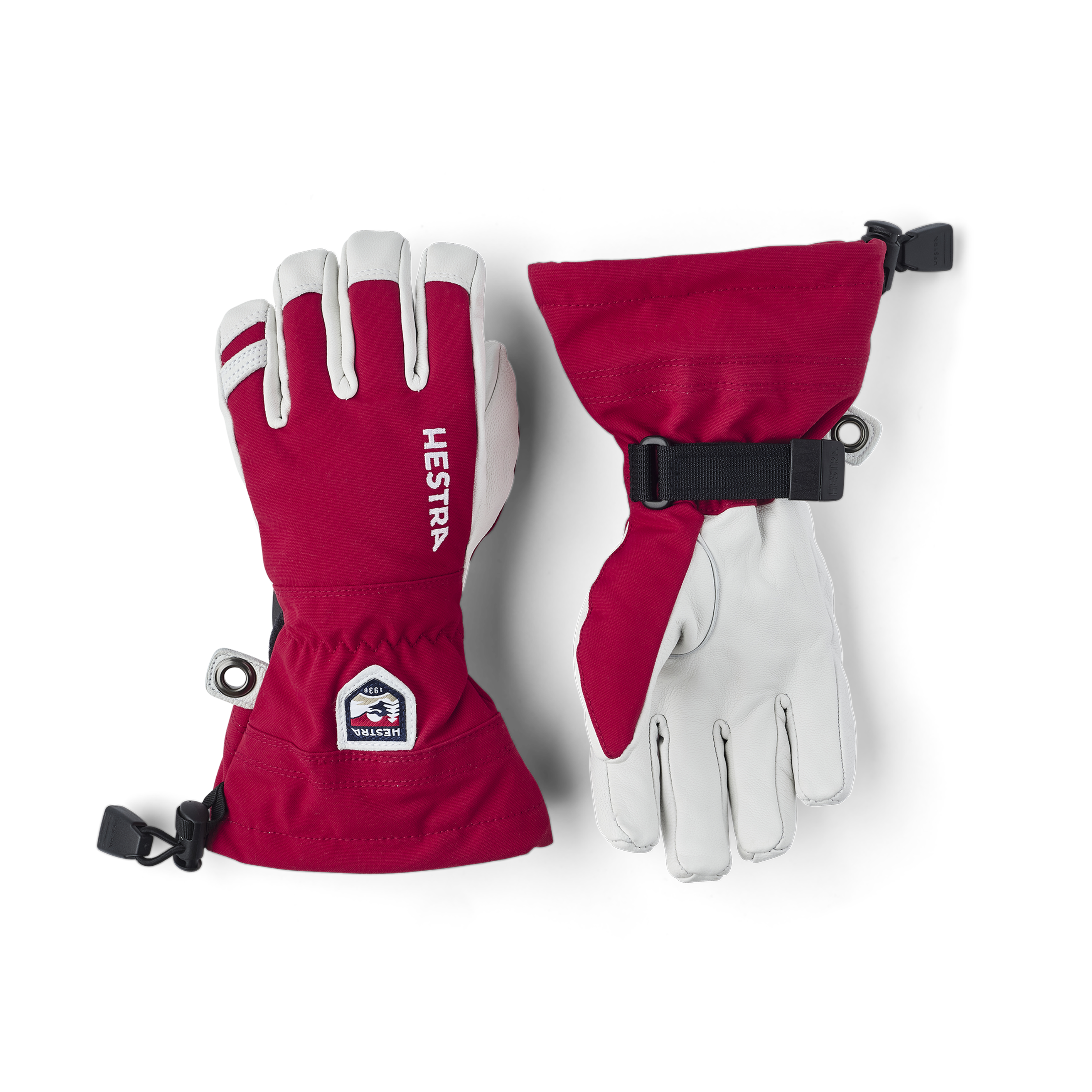 Red ski glove with white goat leather palm