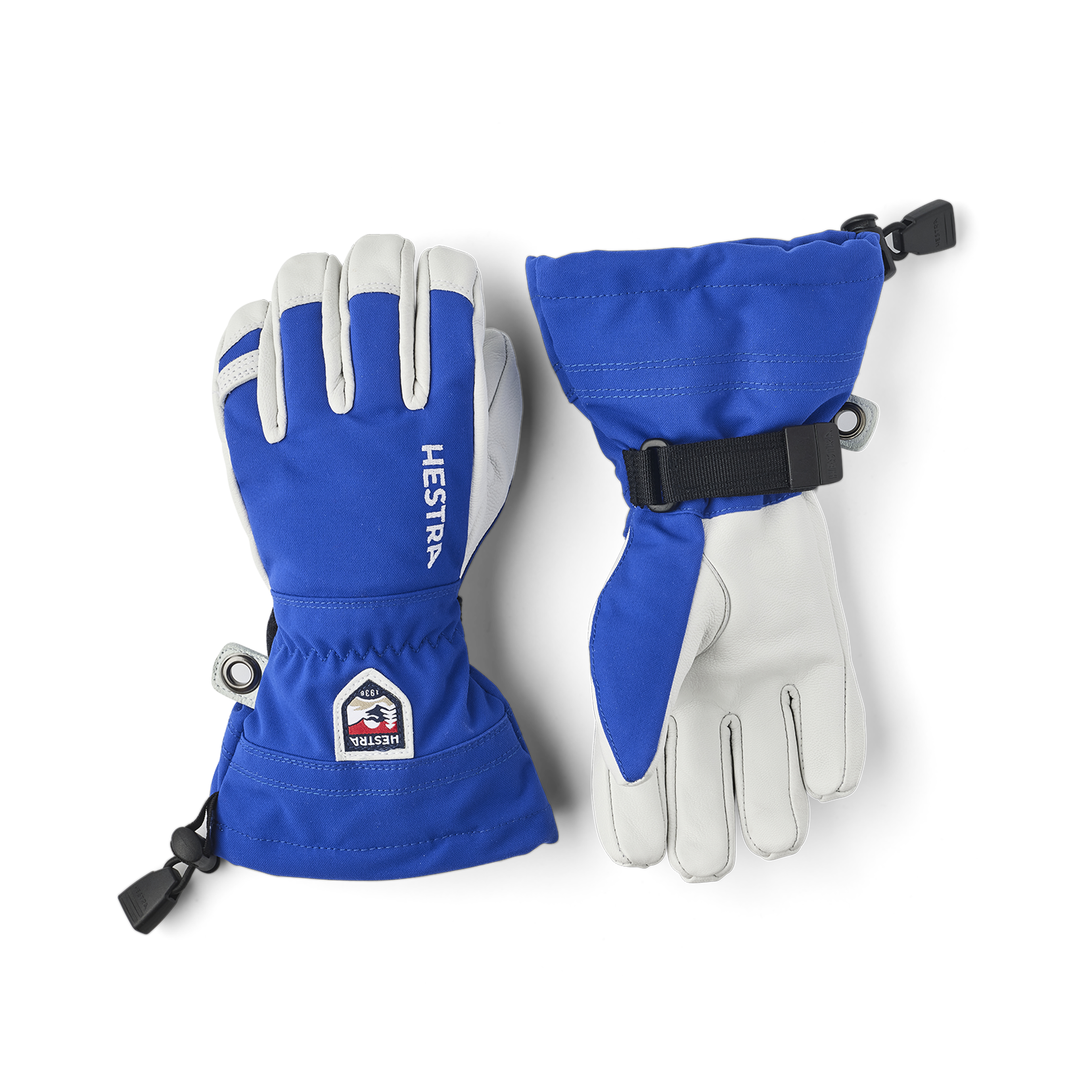 Blue ski glove with white goat leather palm