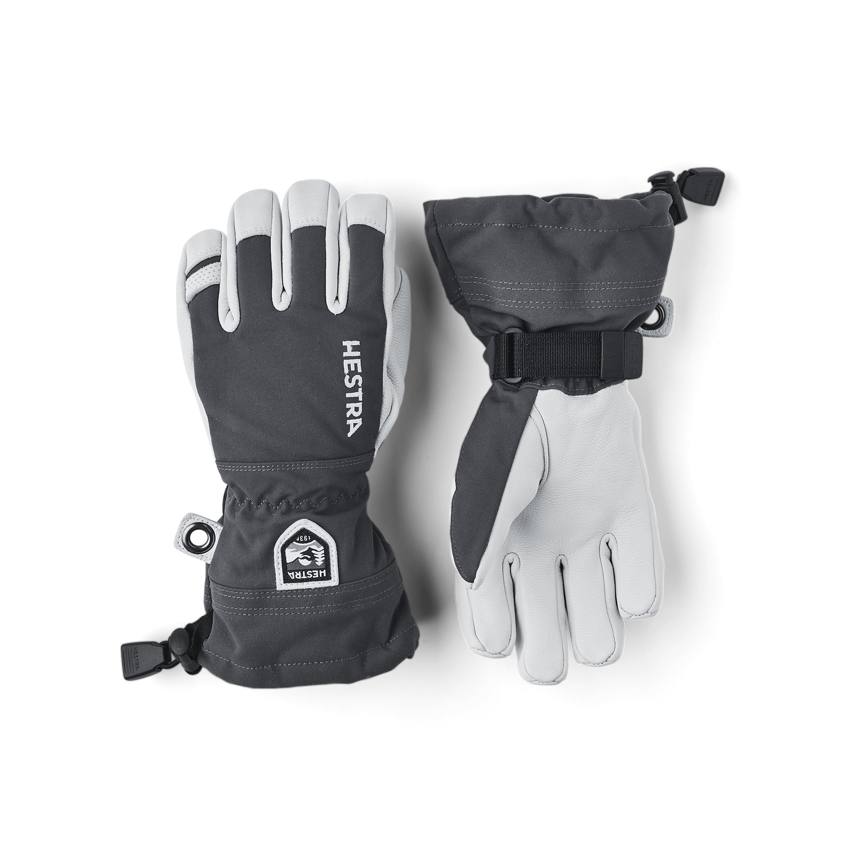 Gray ski glove with white goat leather palm