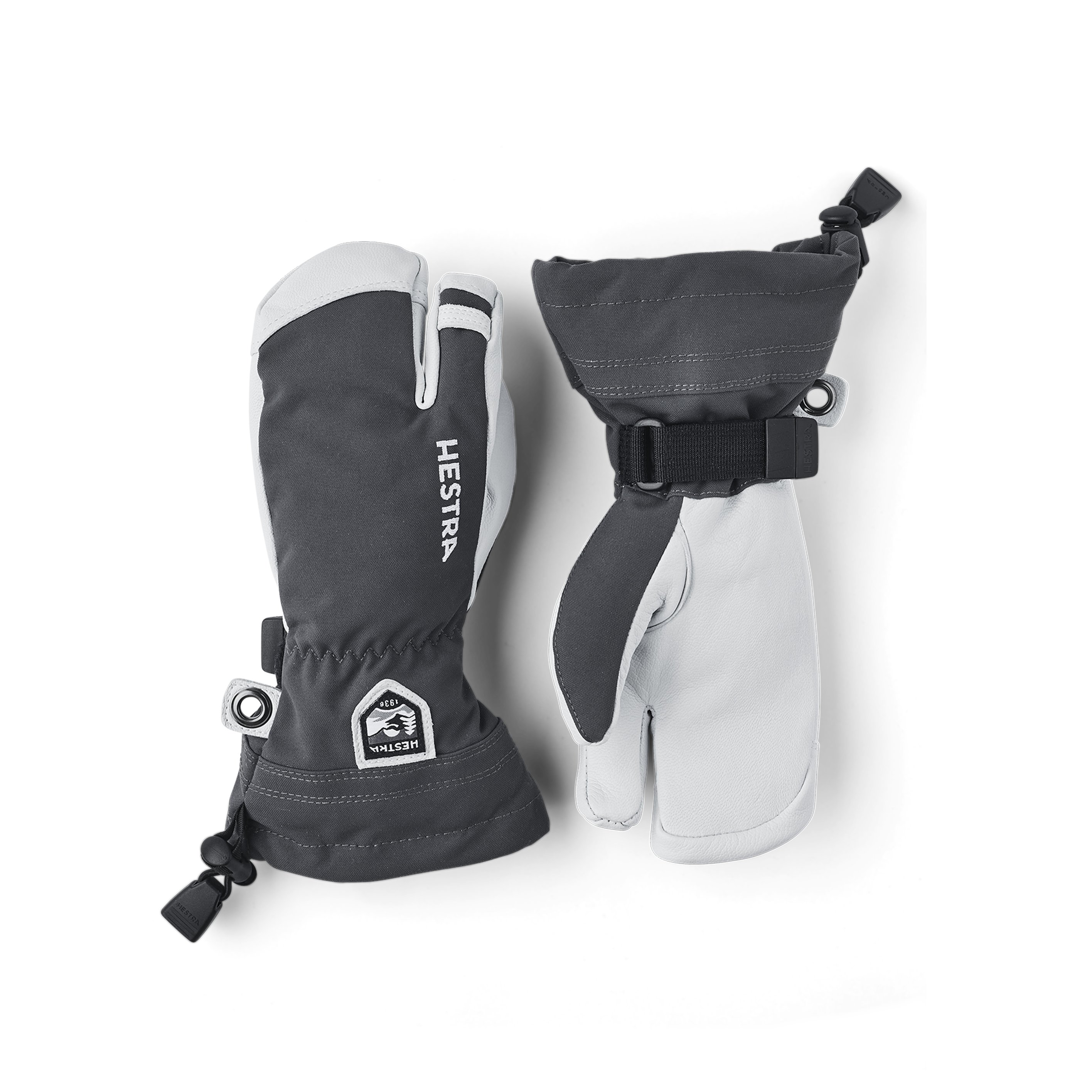 Gray three finger glove with white goat leather palm