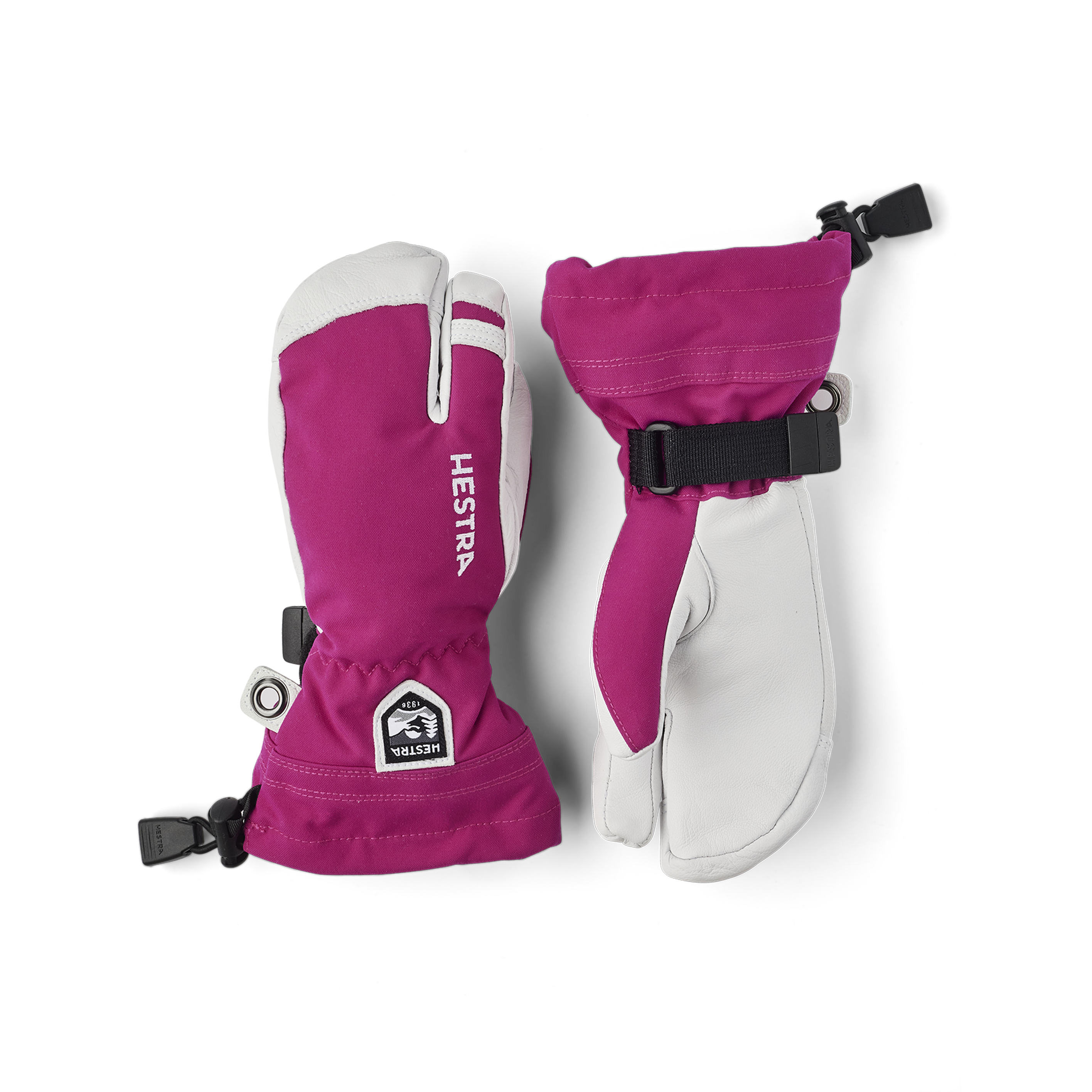 Pink-purple three finger glove with white goat leather palm