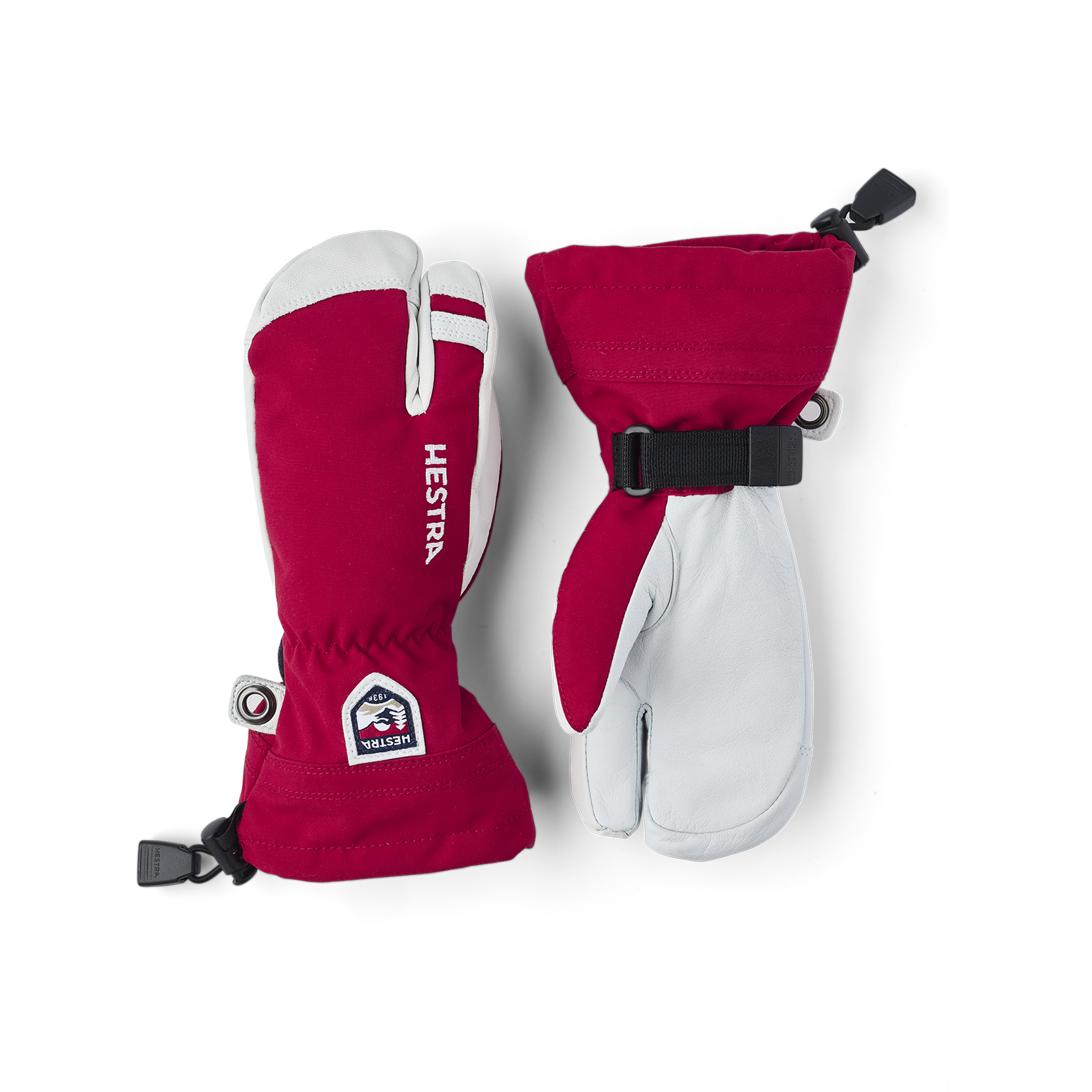 Red three finger glove with white goat leather palm
