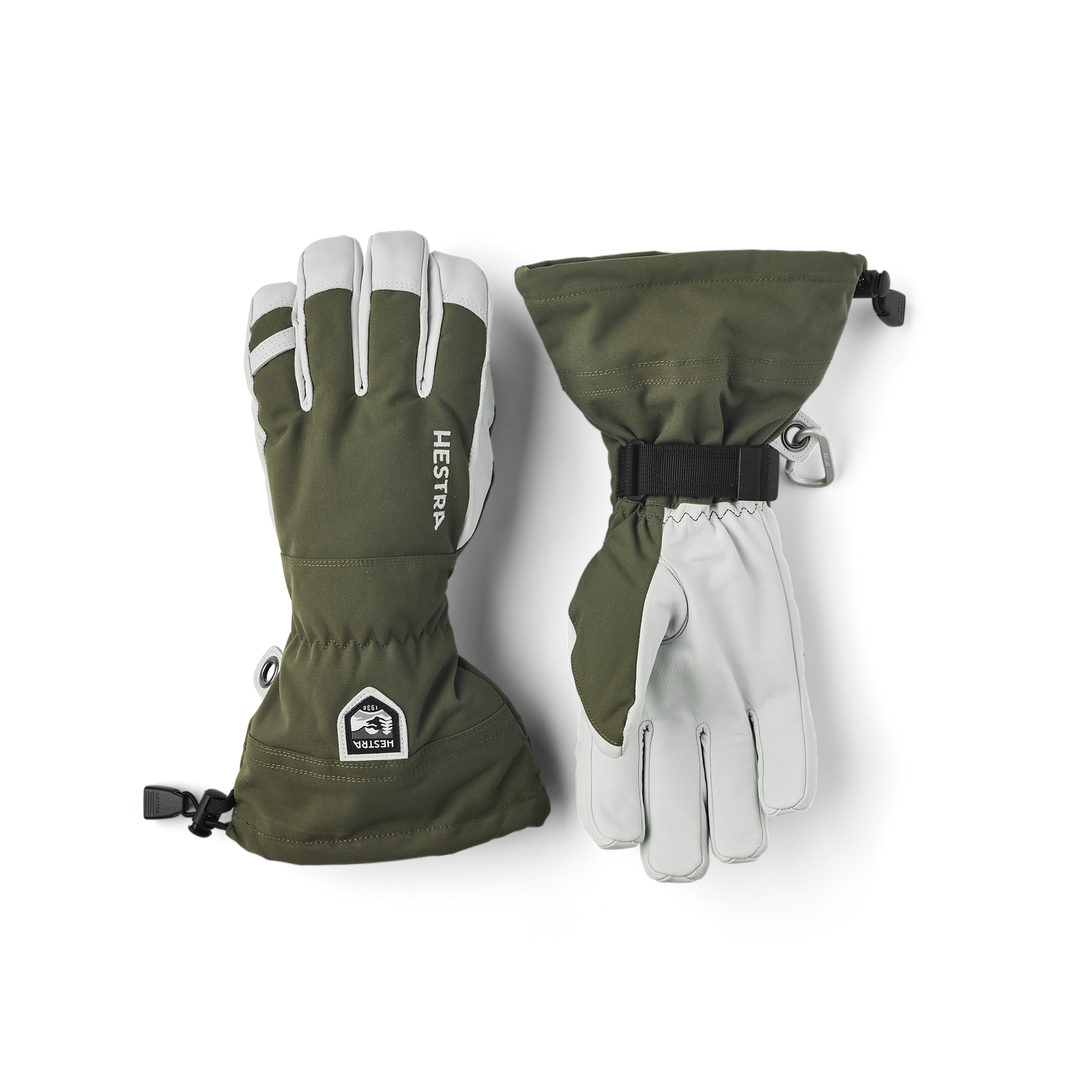 Moss green ski glove with white goat leather palm