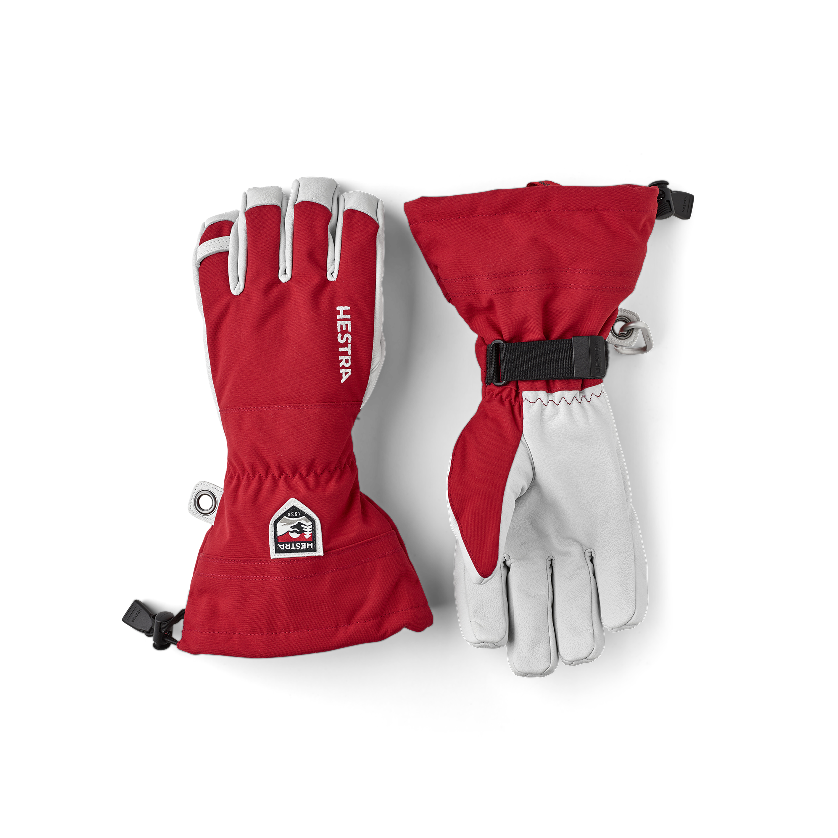 Red ski glove with white goat leather palm