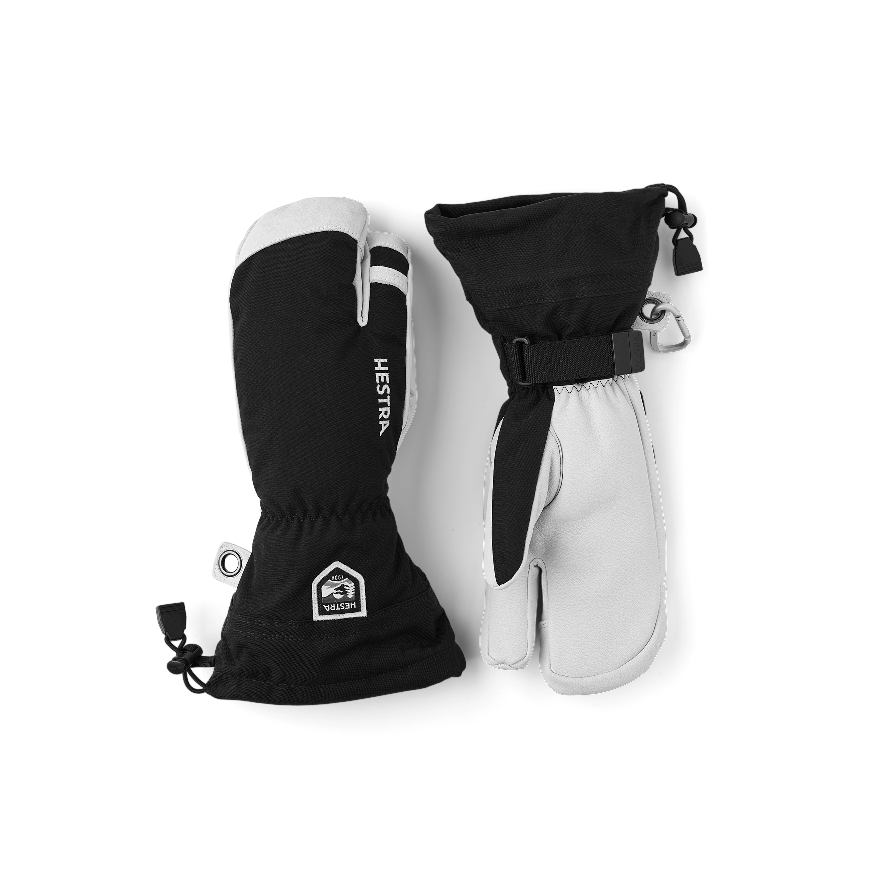 Black three finger glove with white goat leather palm