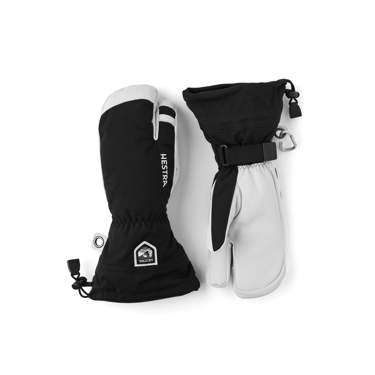 Black three finger glove with white goat leather palm