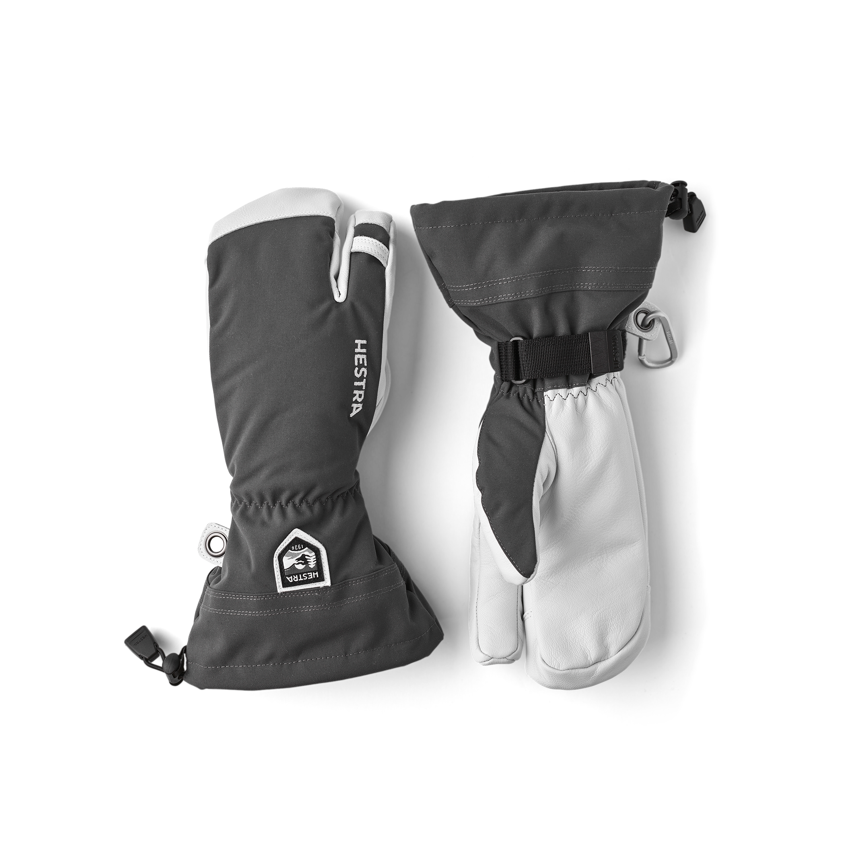 Gray three finger glove with white goat leather palm