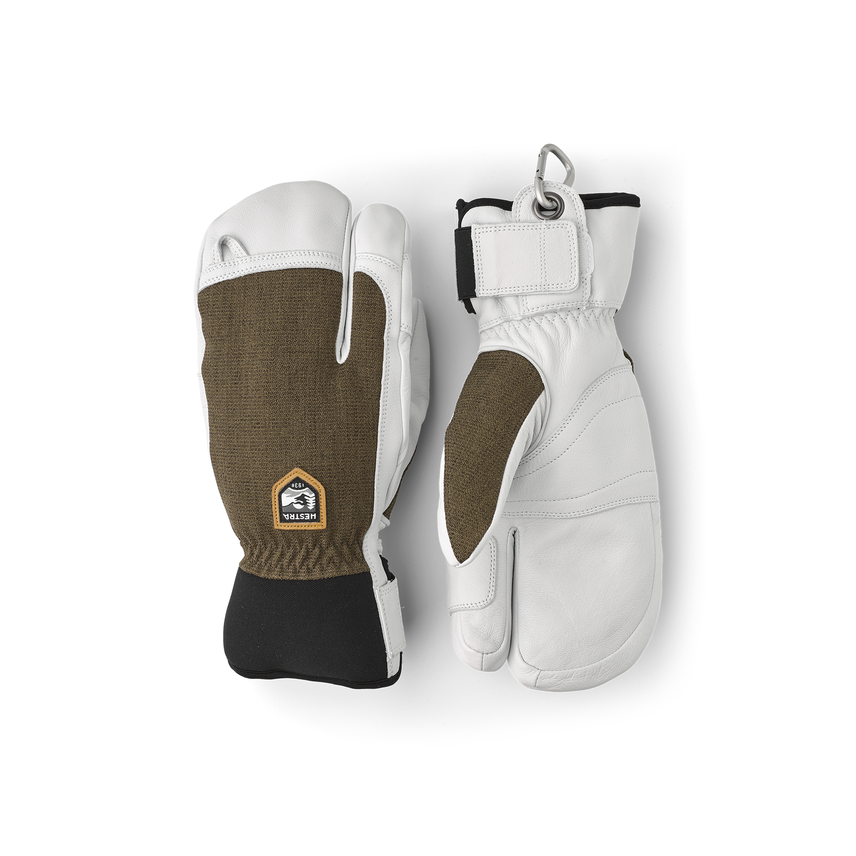 Moss green three finger glove with white goat leather palm