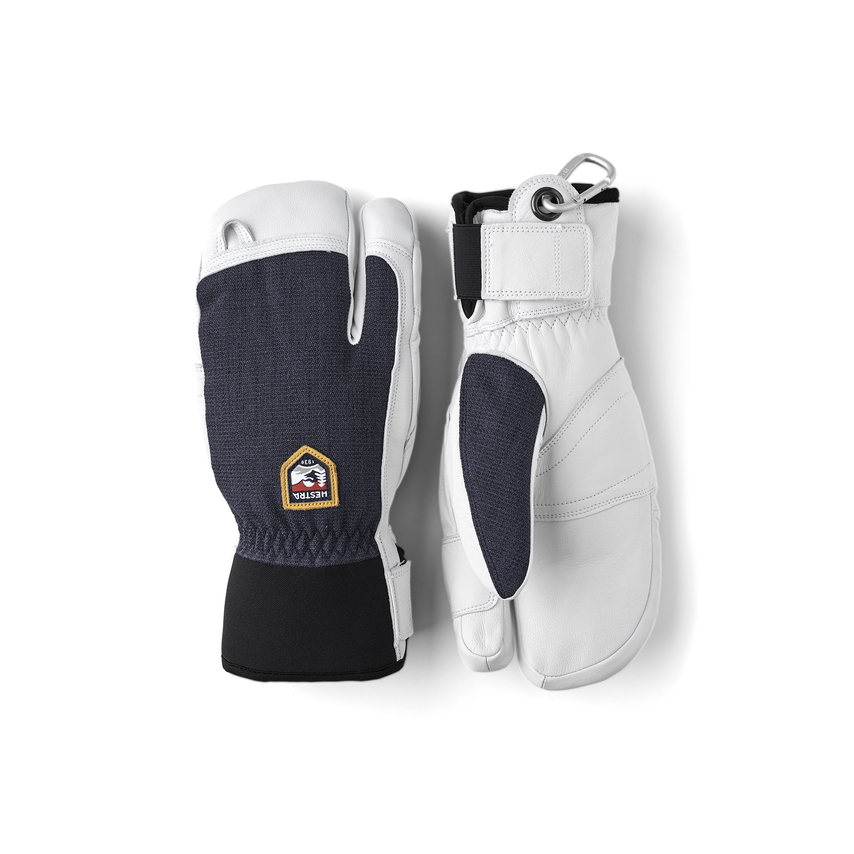 Dark blue three finger glove with white goat leather palm