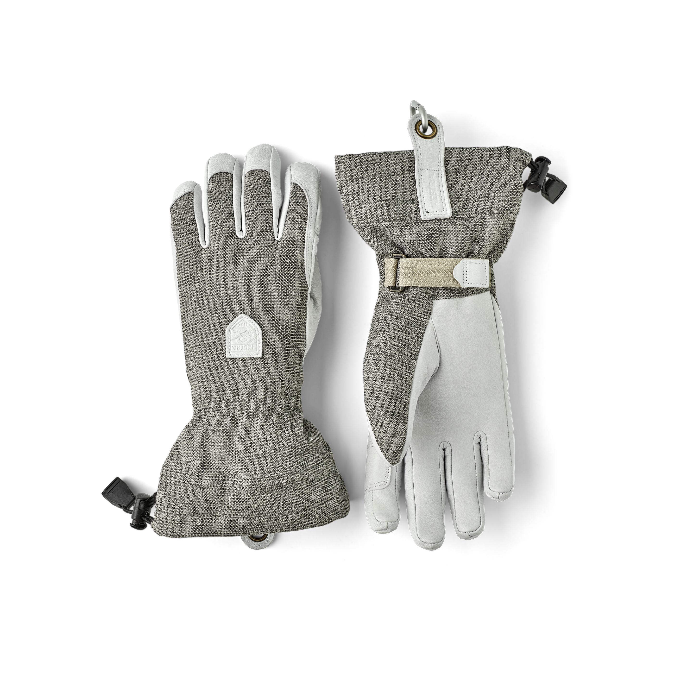 Light gray ski glove with white goat leather palm