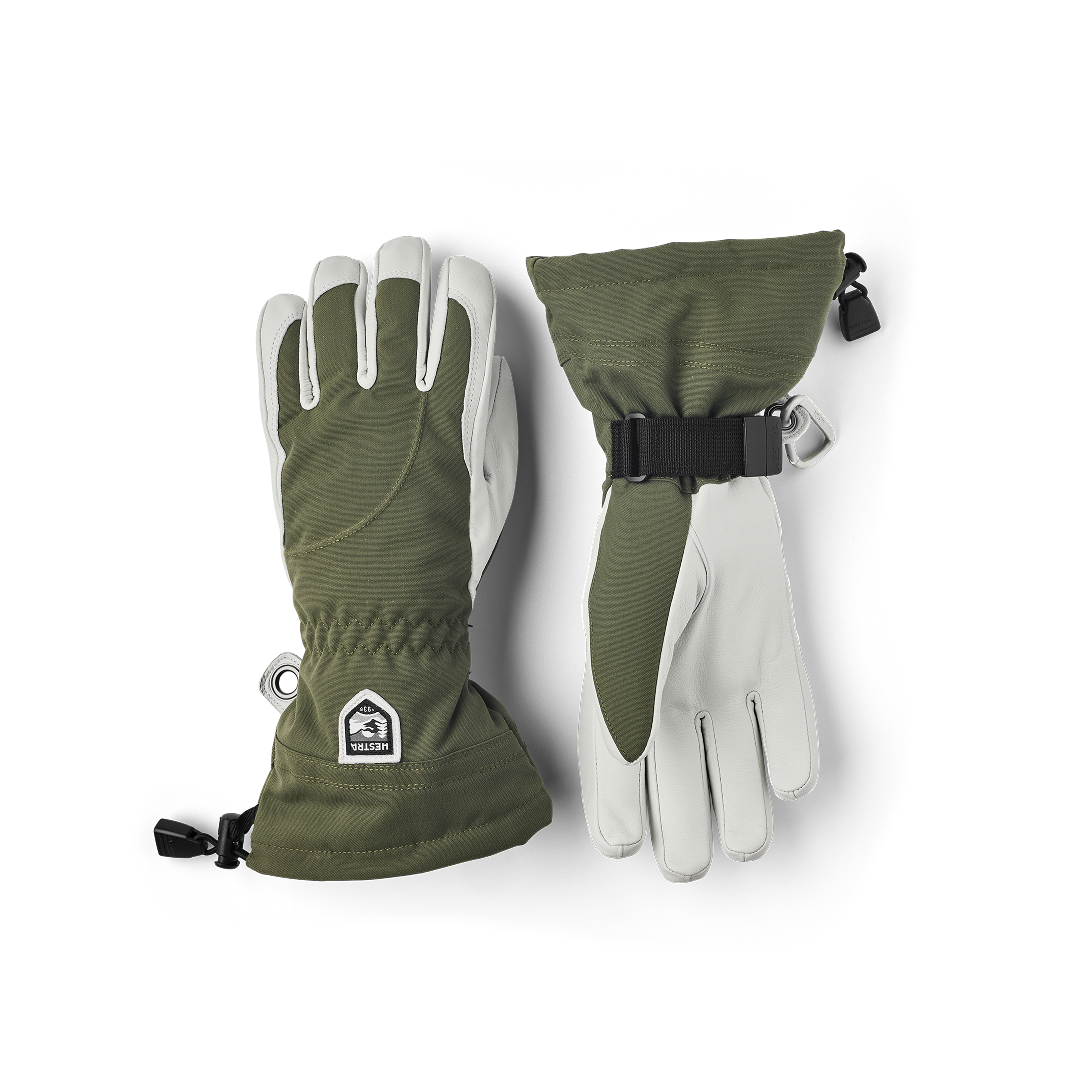 Moss green ski glove with white goat leather palm