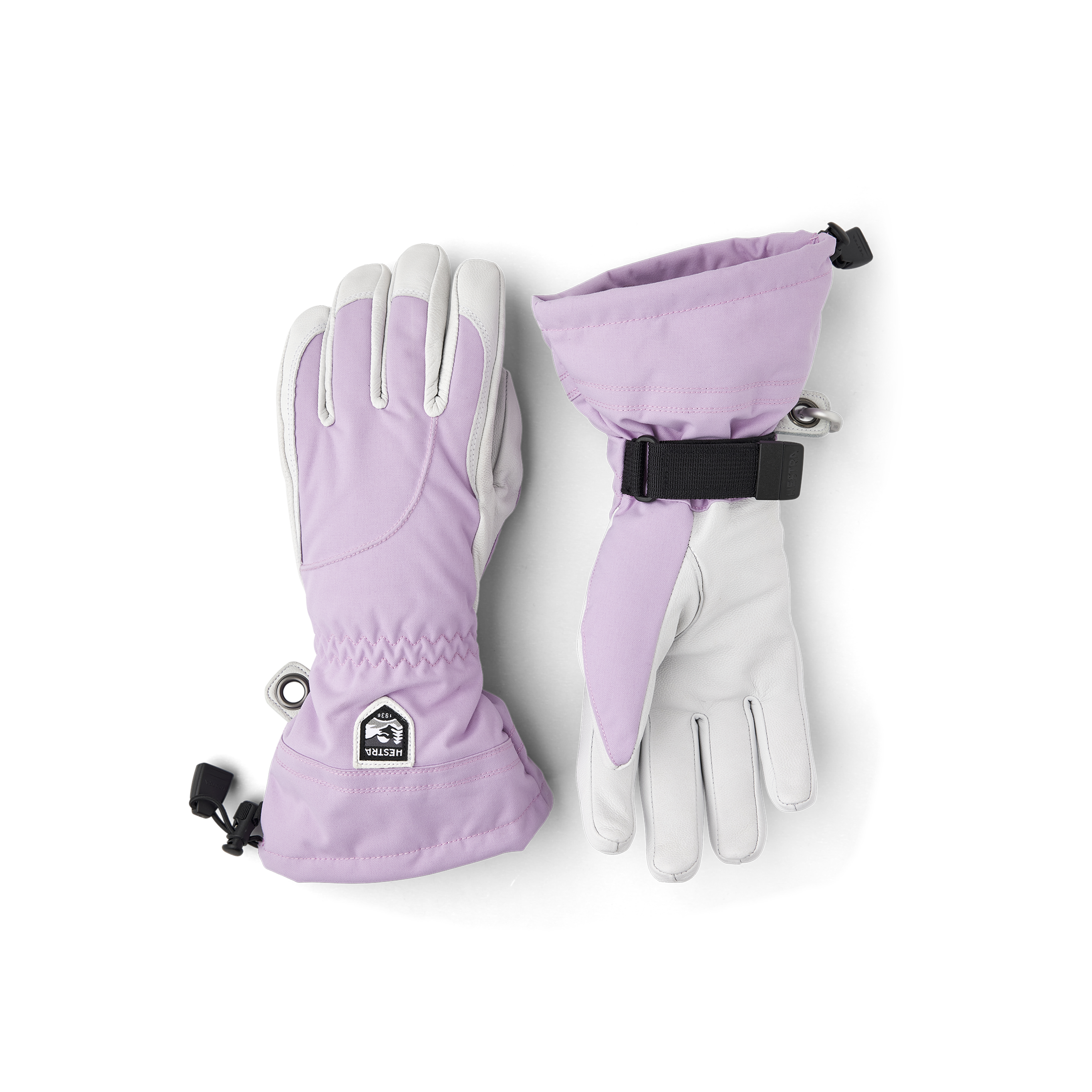 Light purple ski glove with white goat leather palm