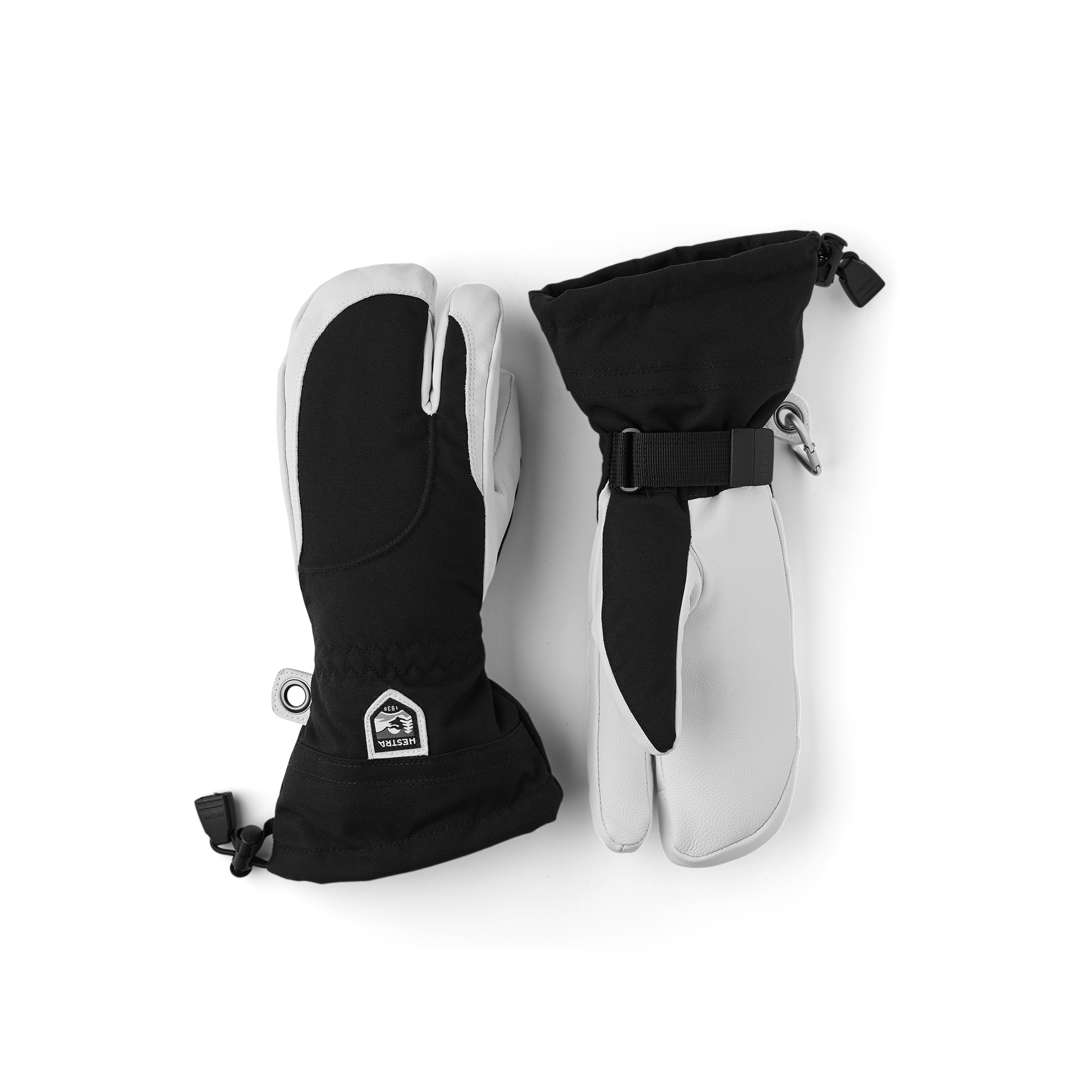 Black three finger glove with white goat leather palm