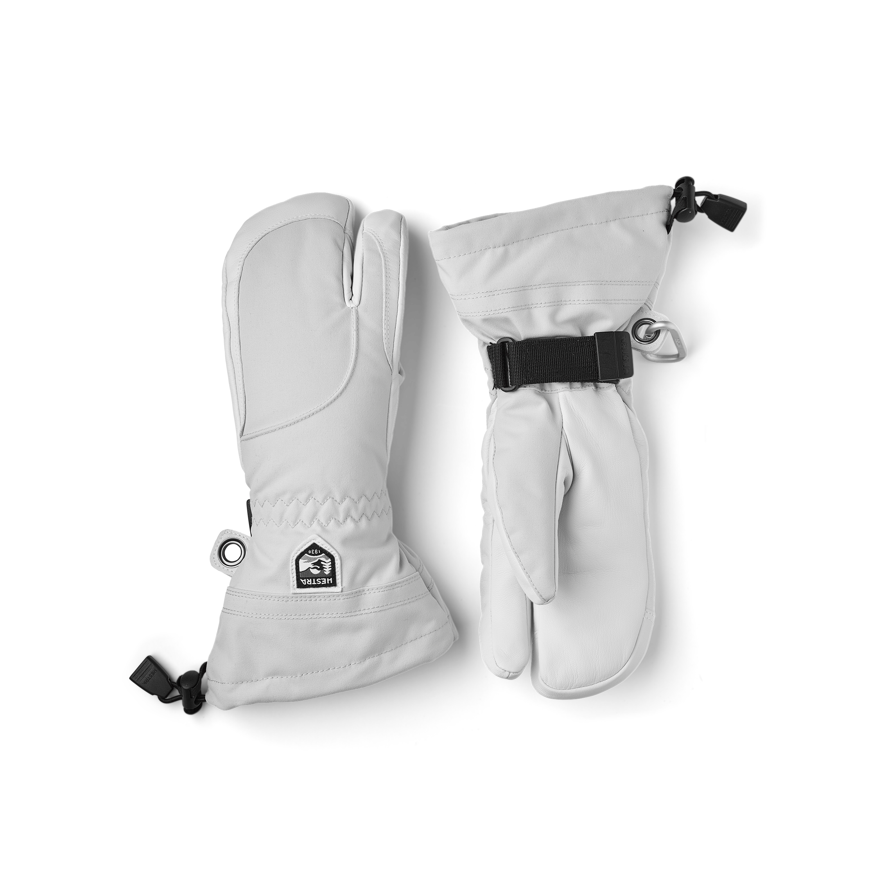 Light gray three finger glove with white goat leather palm
