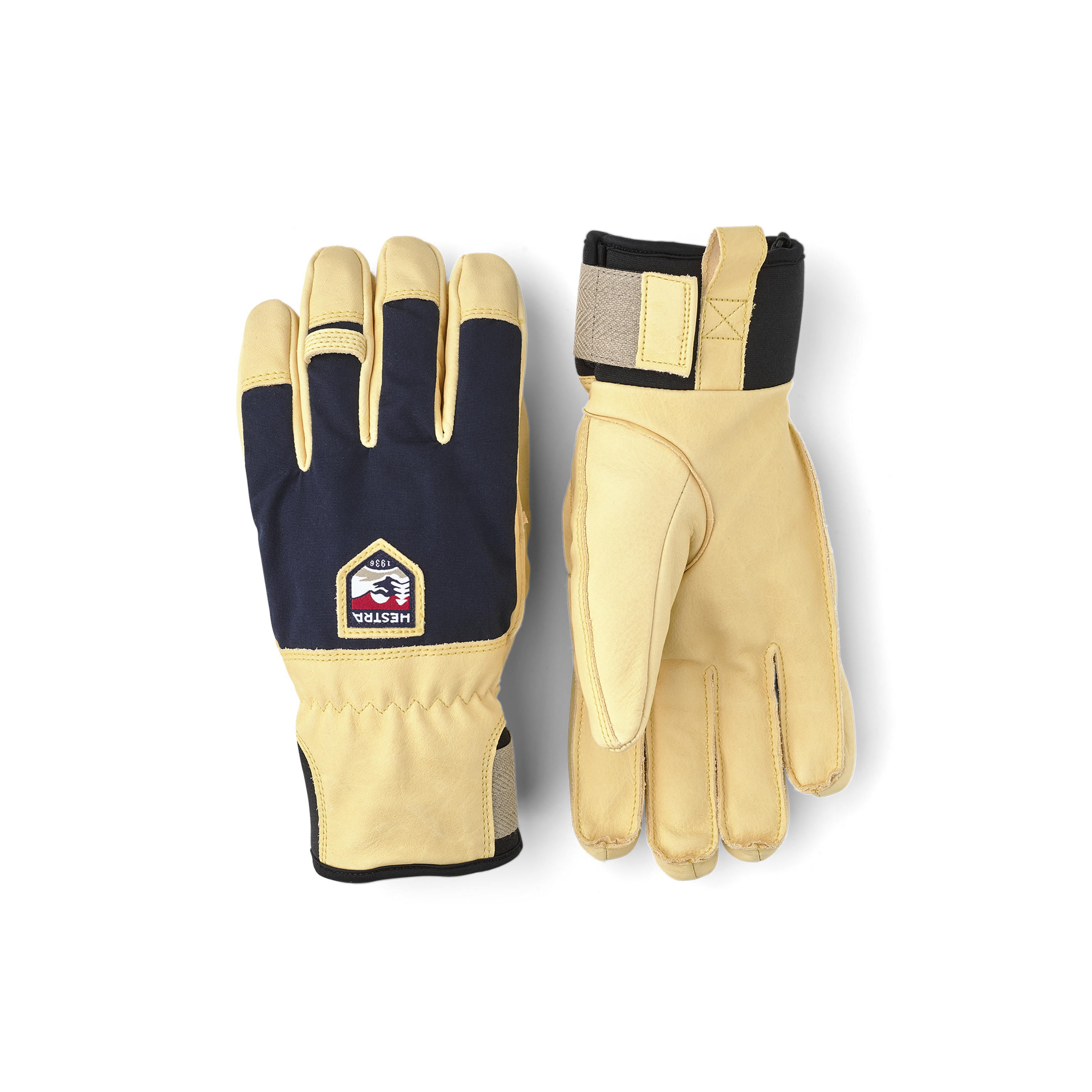 Yellow cow hide ski glove with blue fabric back